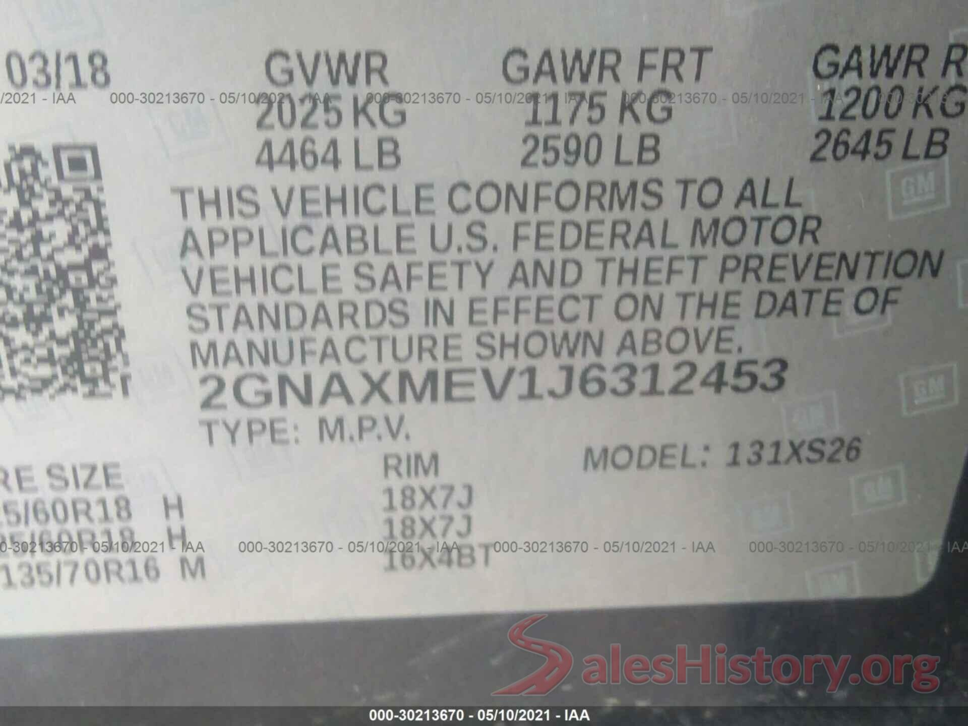 2GNAXMEV1J6312453 2018 CHEVROLET EQUINOX