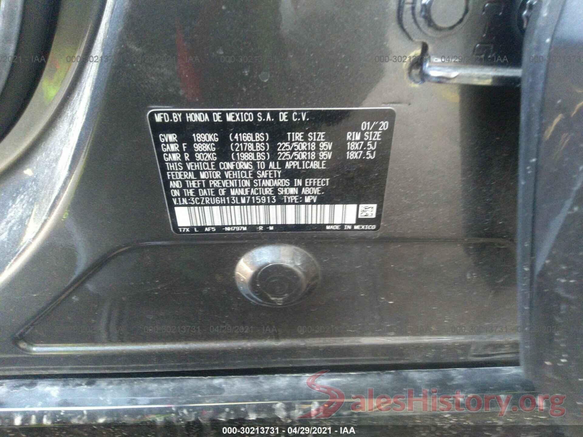 3CZRU6H13LM715913 2020 HONDA HR-V