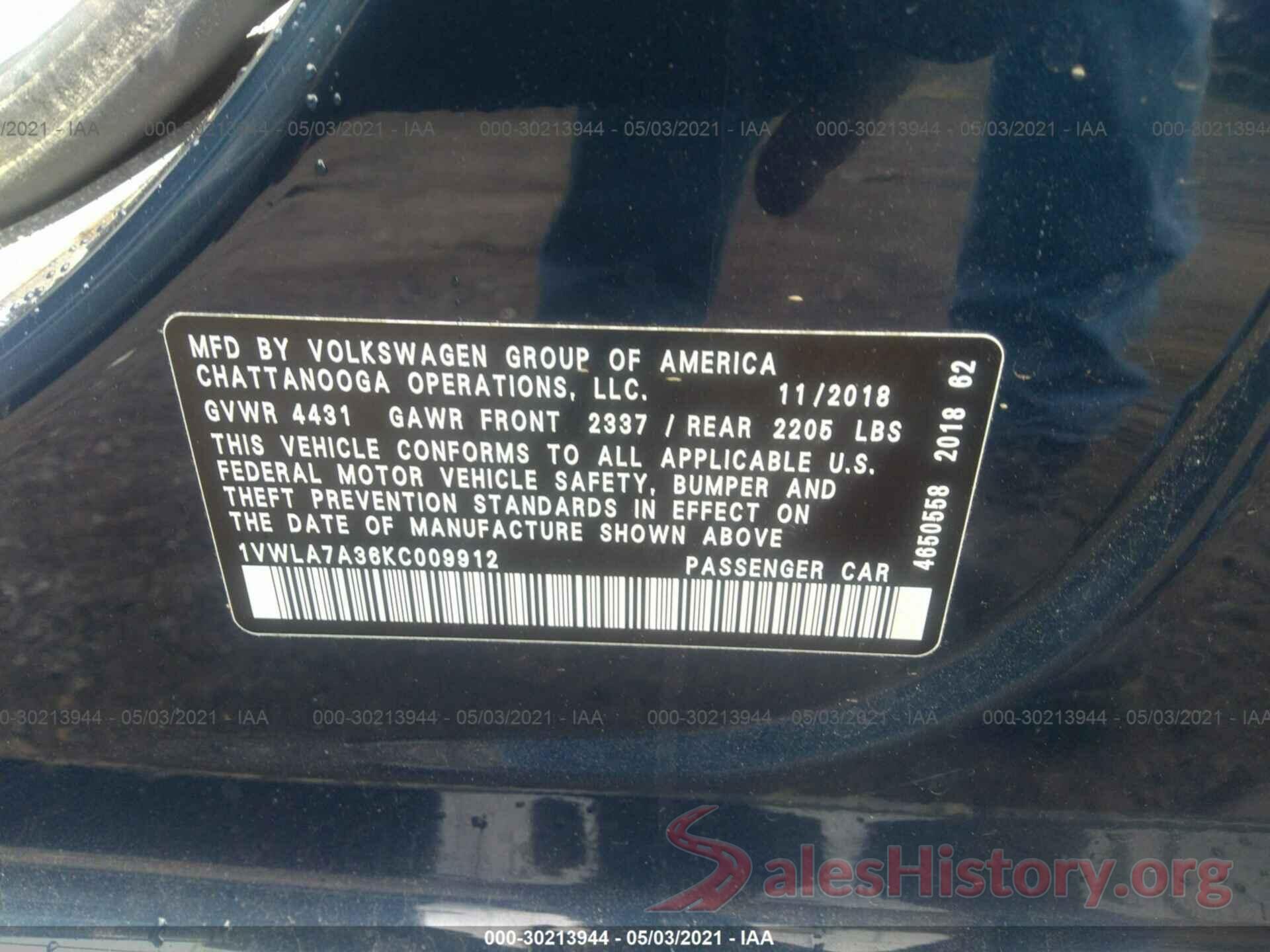 1VWLA7A36KC009912 2019 VOLKSWAGEN PASSAT