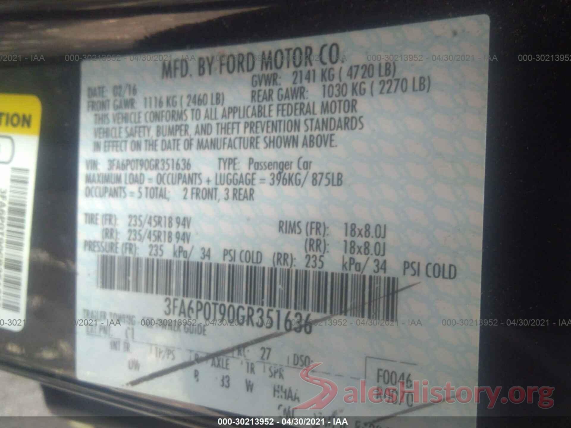 3FA6P0T90GR351636 2016 FORD FUSION