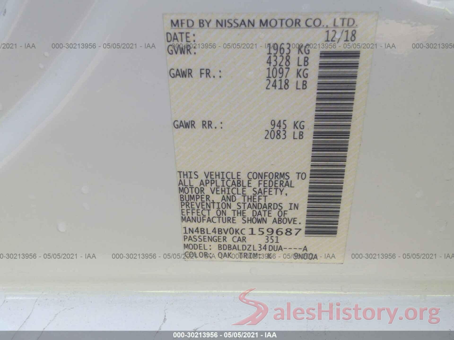 1N4BL4BV0KC159687 2019 NISSAN ALTIMA