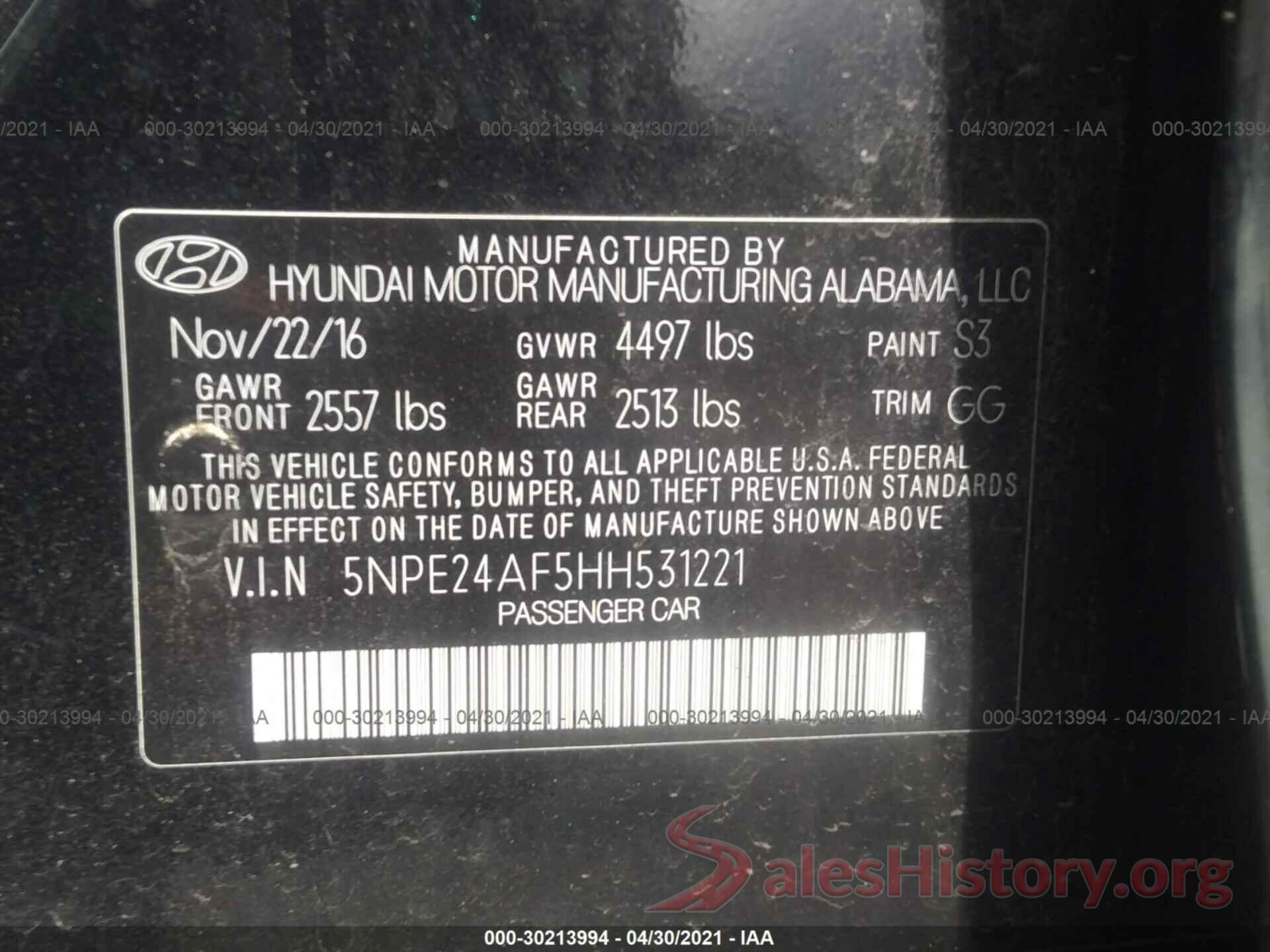 5NPE24AF5HH531221 2017 HYUNDAI SONATA