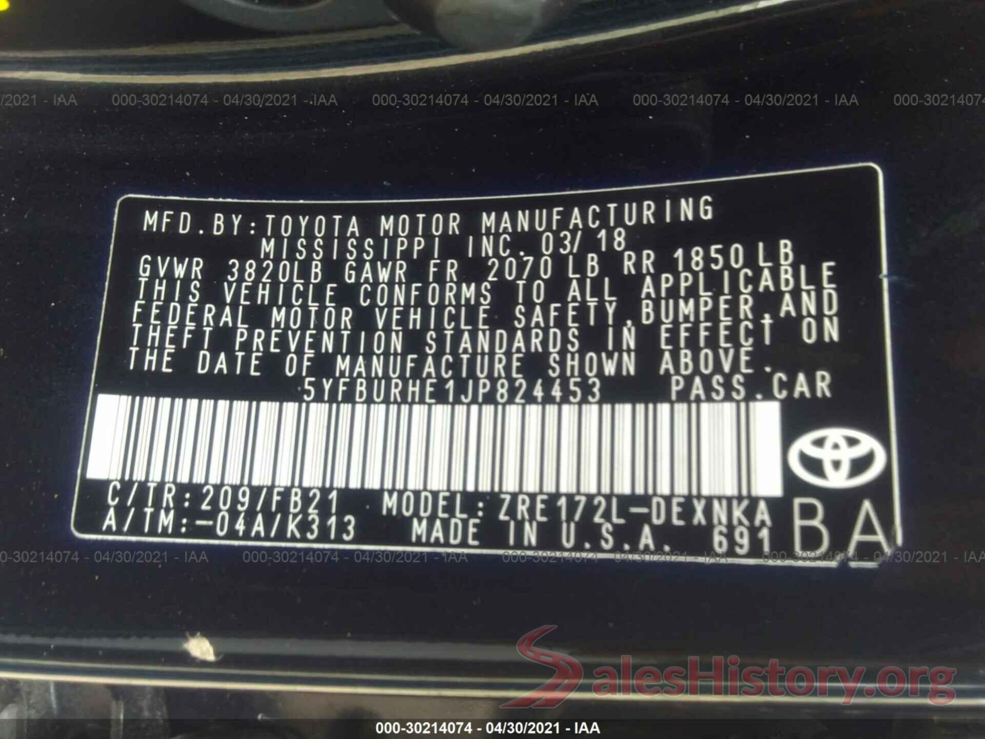 5YFBURHE1JP824453 2018 TOYOTA COROLLA