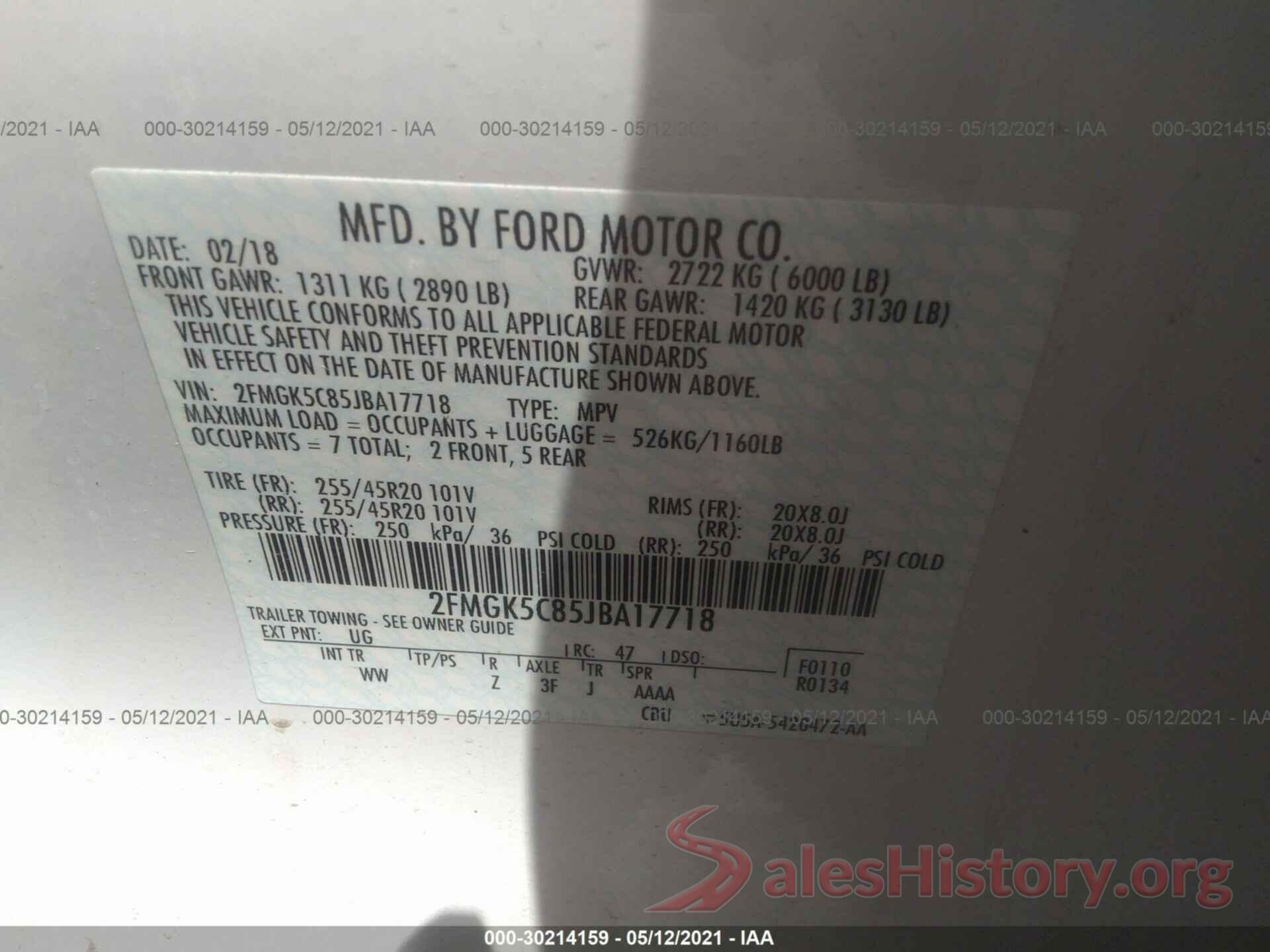 2FMGK5C85JBA17718 2018 FORD FLEX