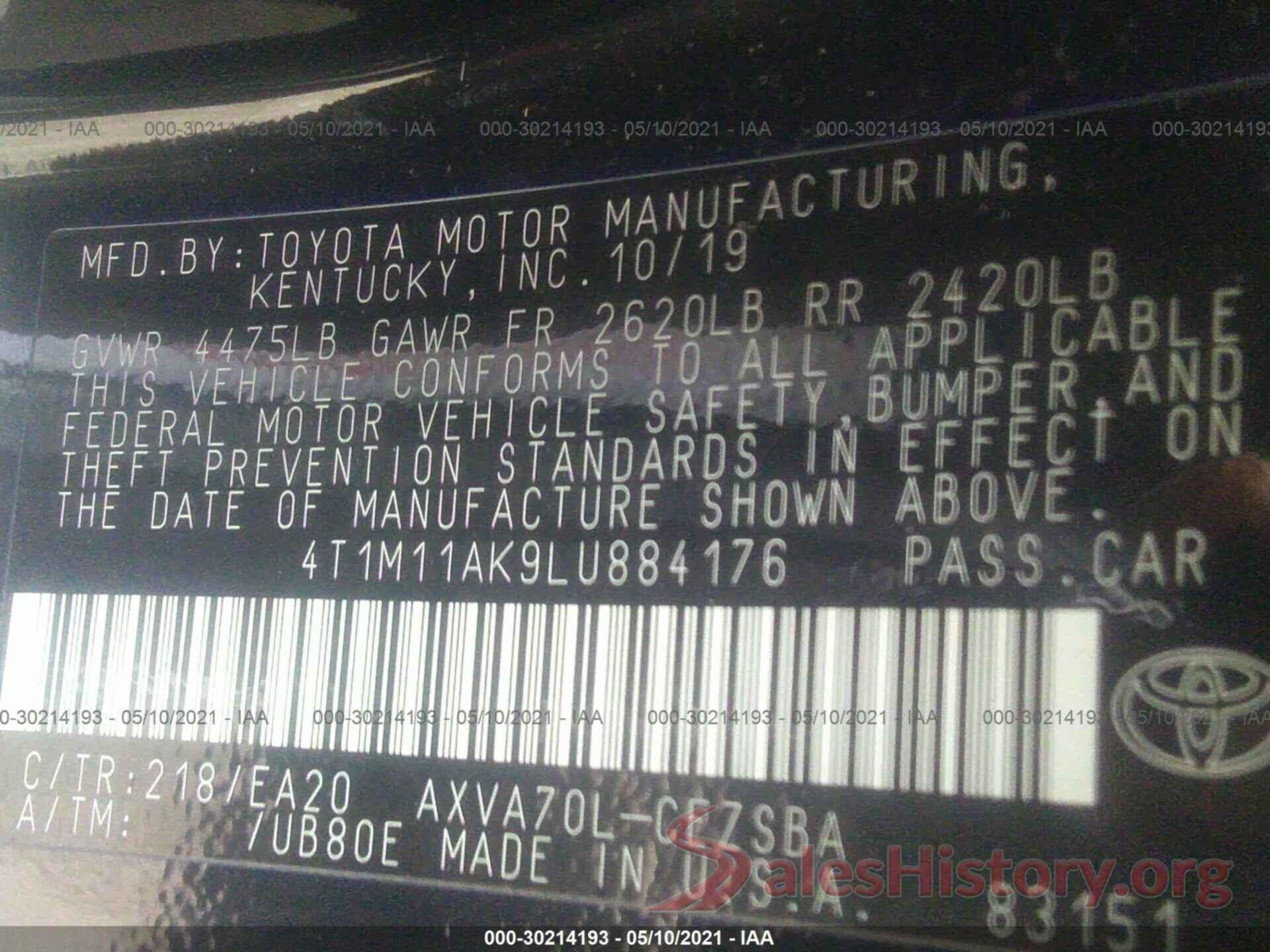 4T1M11AK9LU884176 2020 TOYOTA CAMRY