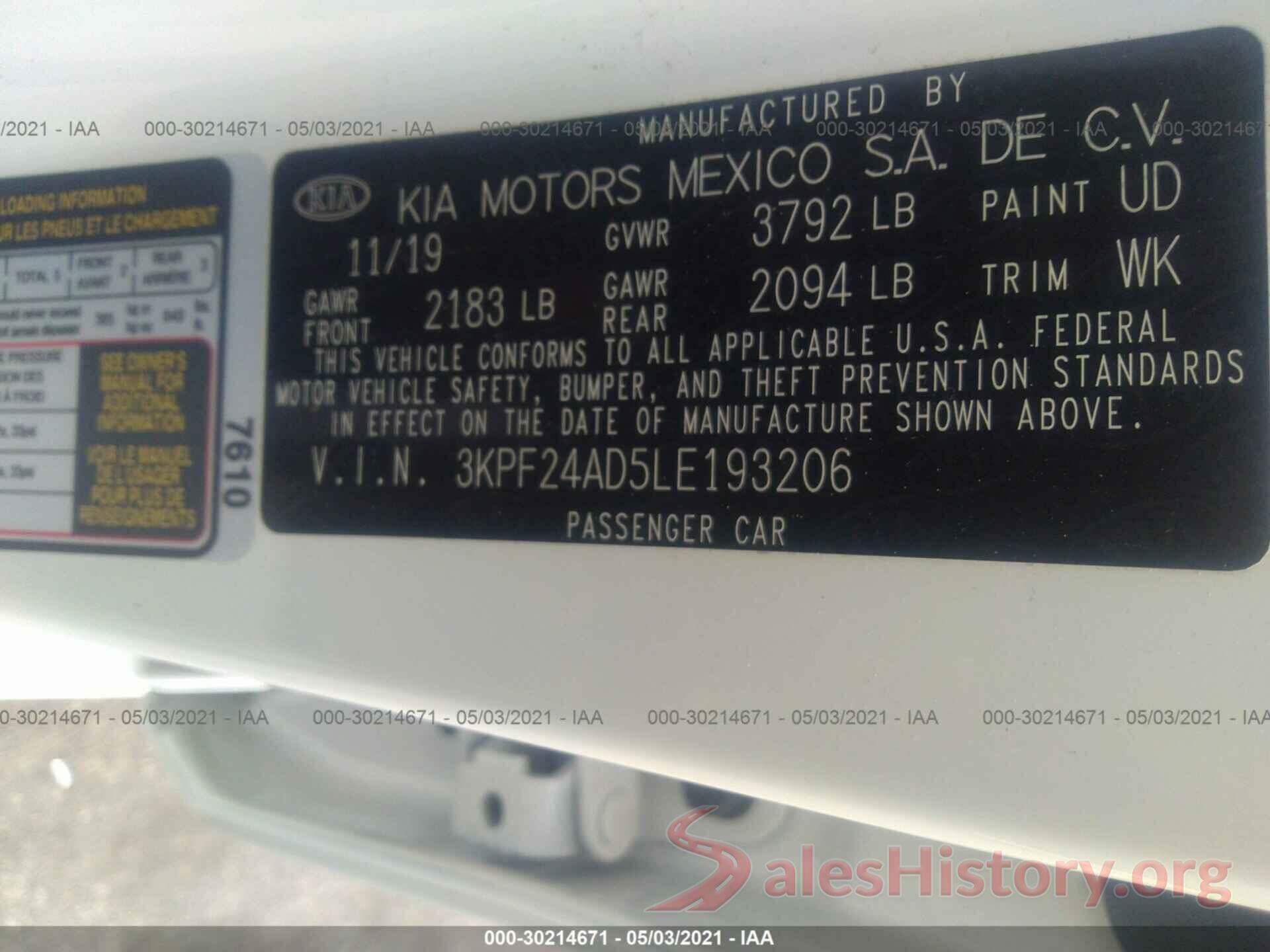 3KPF24AD5LE193206 2020 KIA FORTE