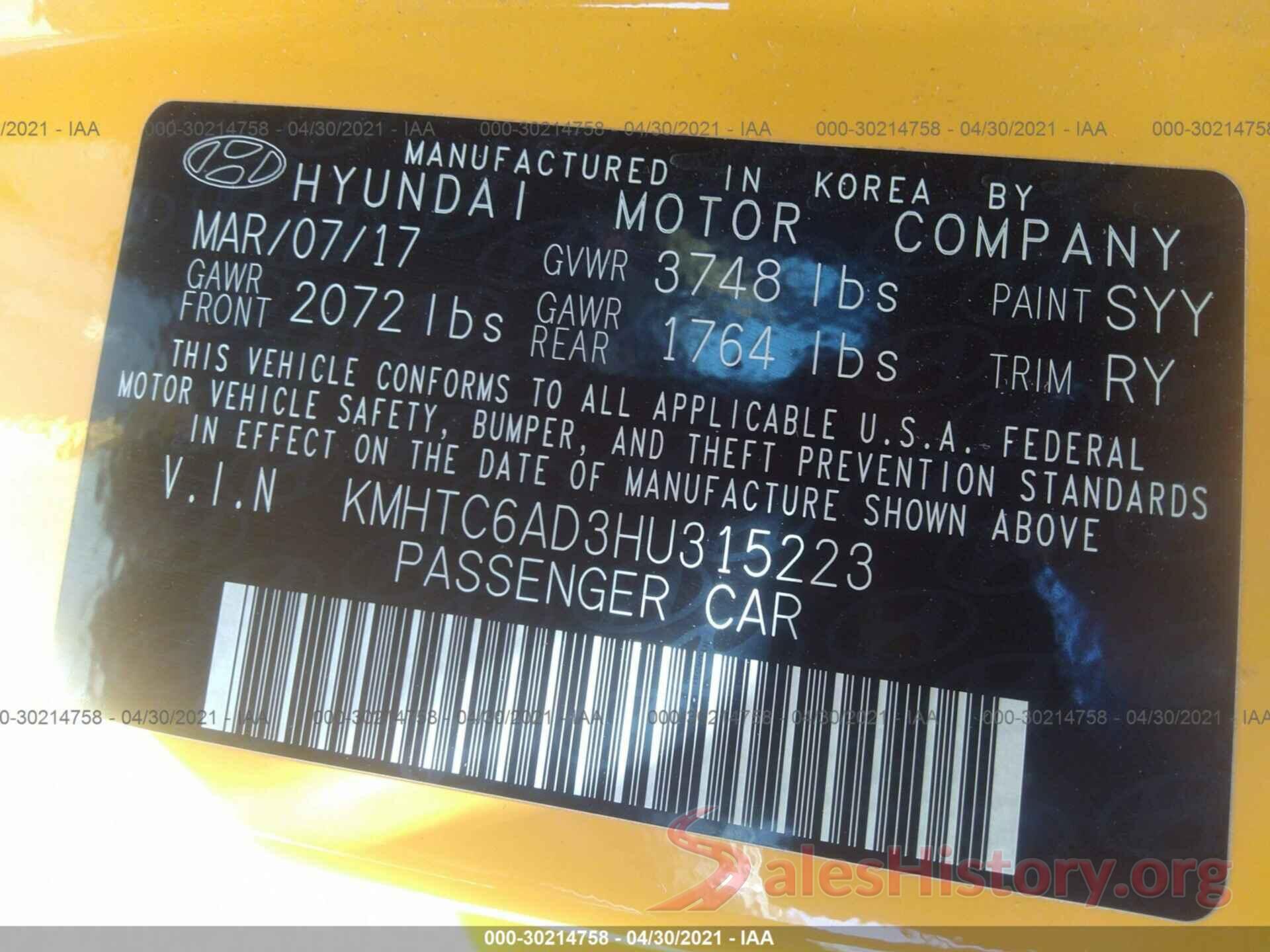 KMHTC6AD3HU315223 2017 HYUNDAI VELOSTER