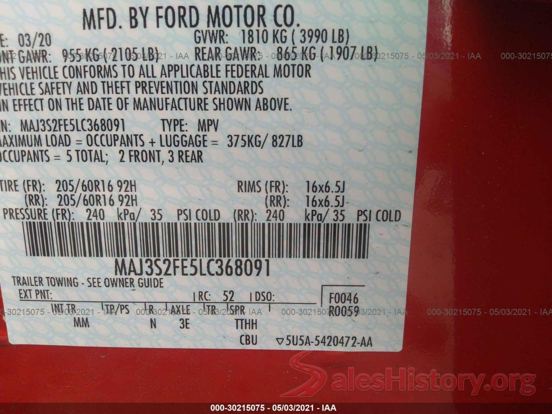 MAJ3S2FE5LC368091 2020 FORD ECOSPORT