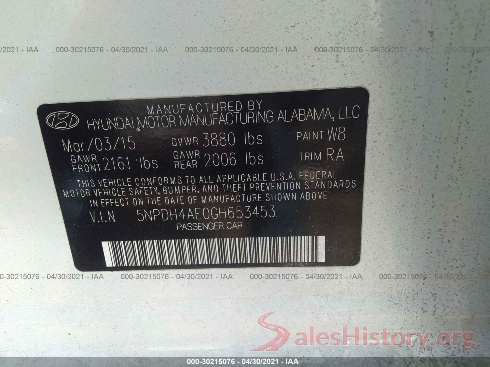 5NPDH4AE0GH653453 2016 HYUNDAI ELANTRA