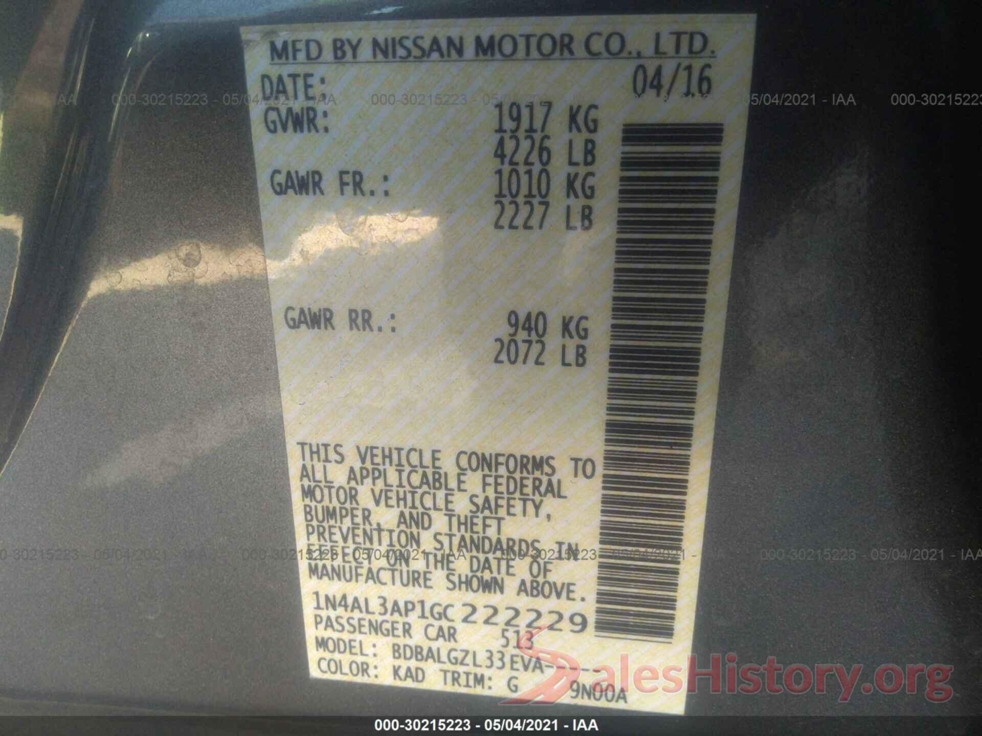 1N4AL3AP1GC222229 2016 NISSAN ALTIMA