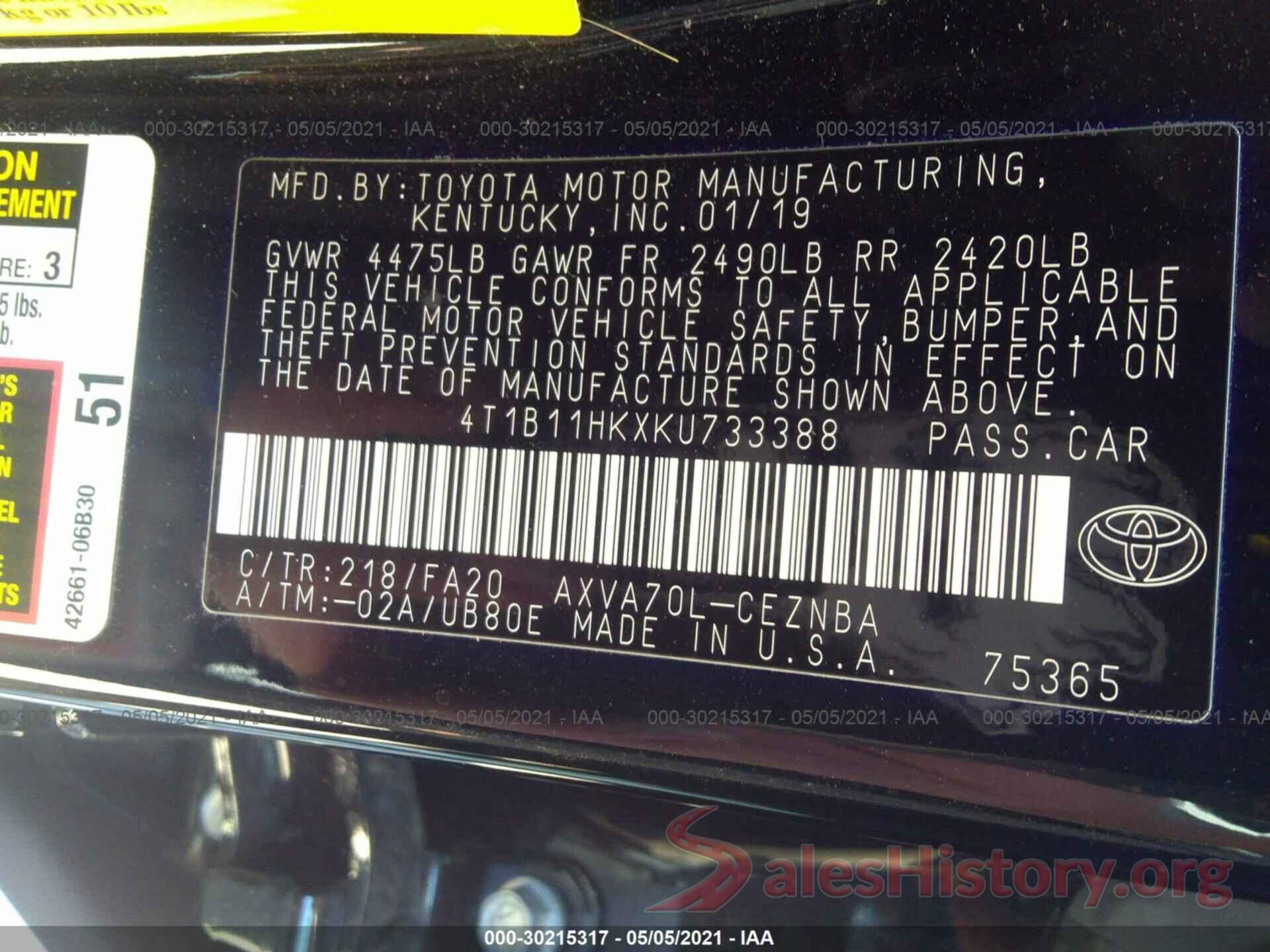 4T1B11HKXKU733388 2019 TOYOTA CAMRY