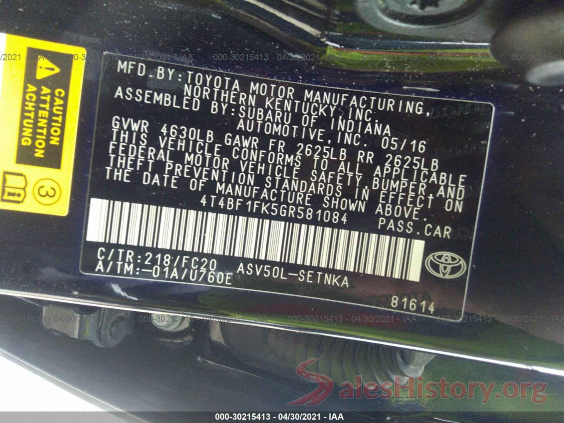 4T4BF1FK5GR581084 2016 TOYOTA CAMRY