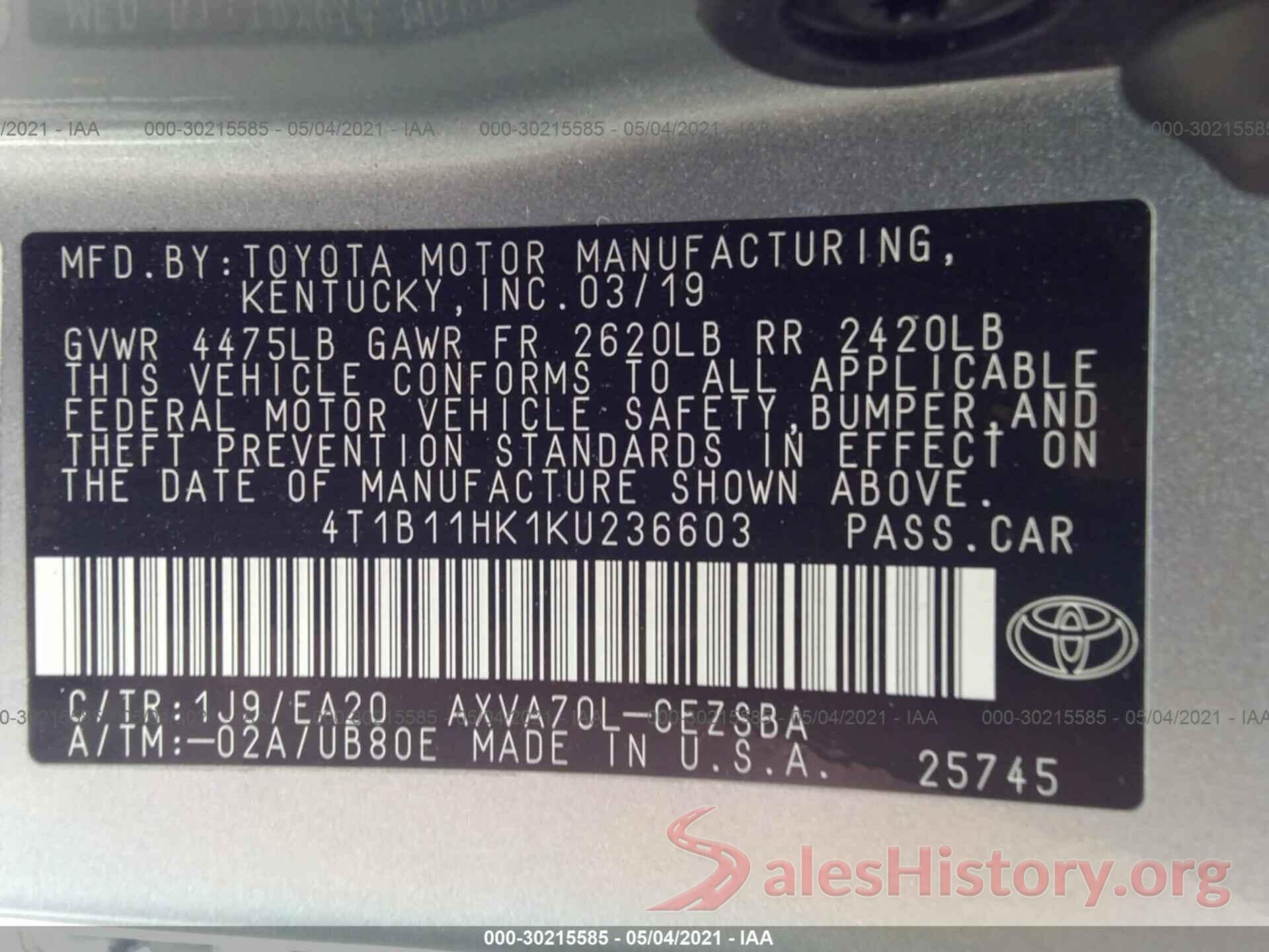 4T1B11HK1KU236603 2019 TOYOTA CAMRY