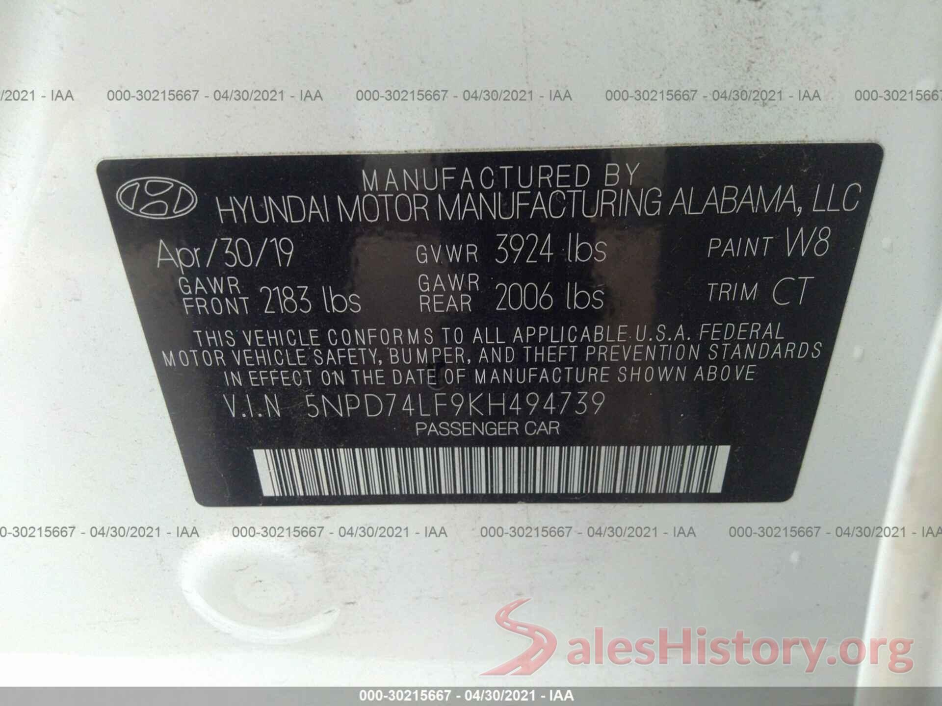 5NPD74LF9KH494739 2019 HYUNDAI ELANTRA