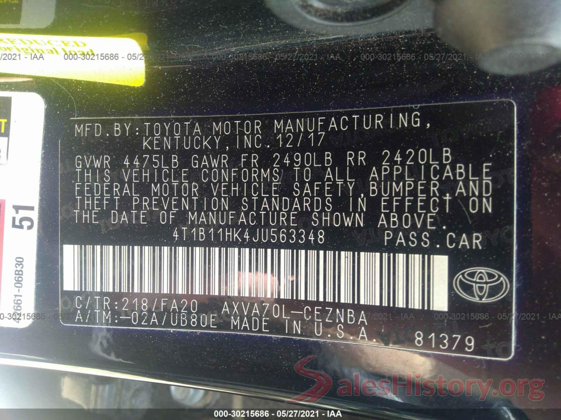 4T1B11HK4JU563348 2018 TOYOTA CAMRY