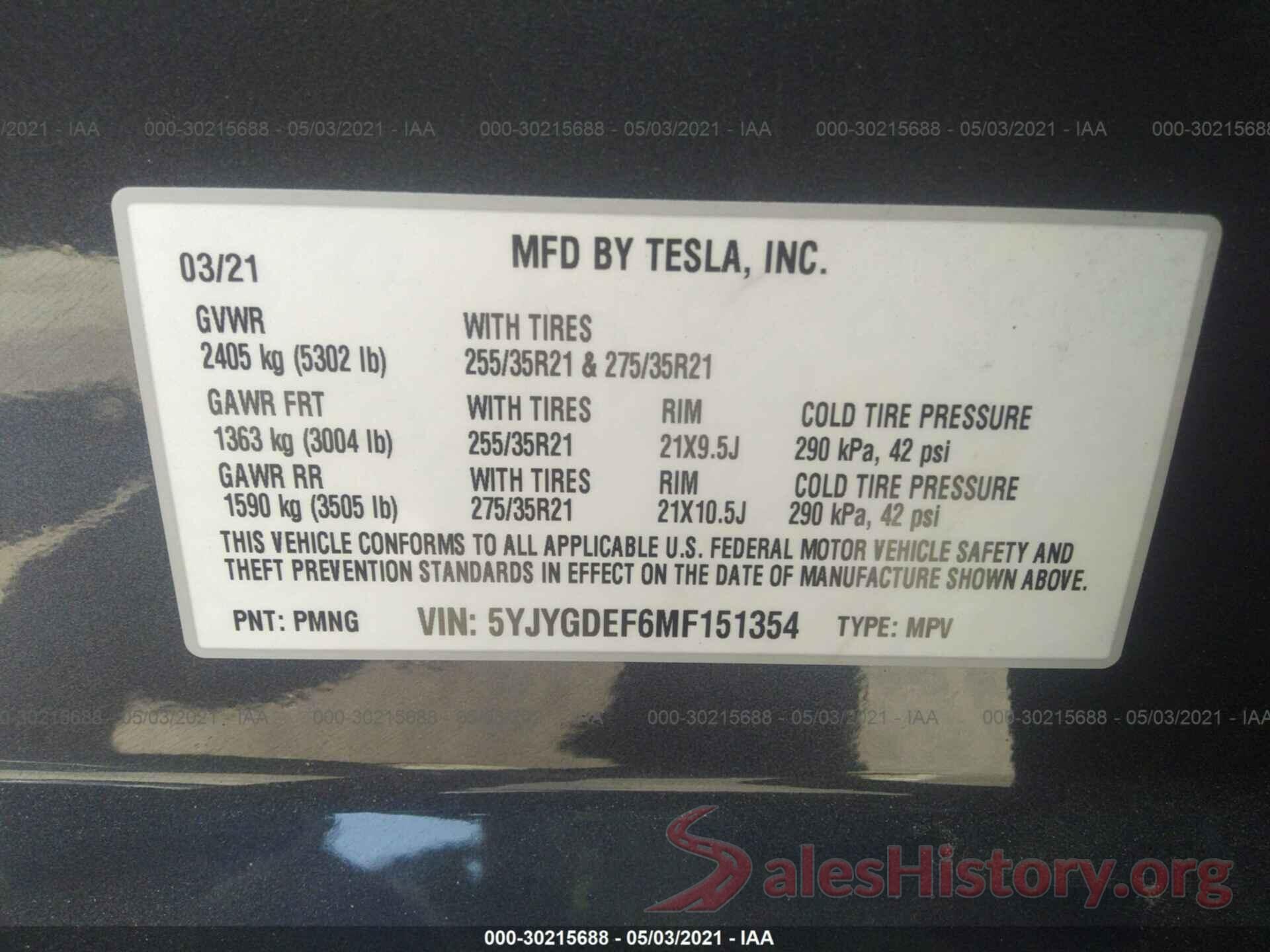 5YJYGDEF6MF151354 2021 TESLA MODEL Y