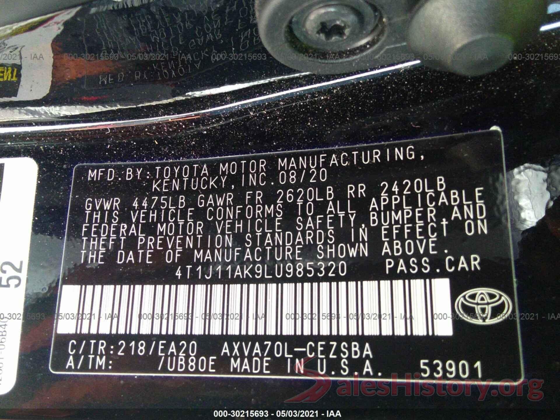 4T1J11AK9LU985320 2020 TOYOTA CAMRY