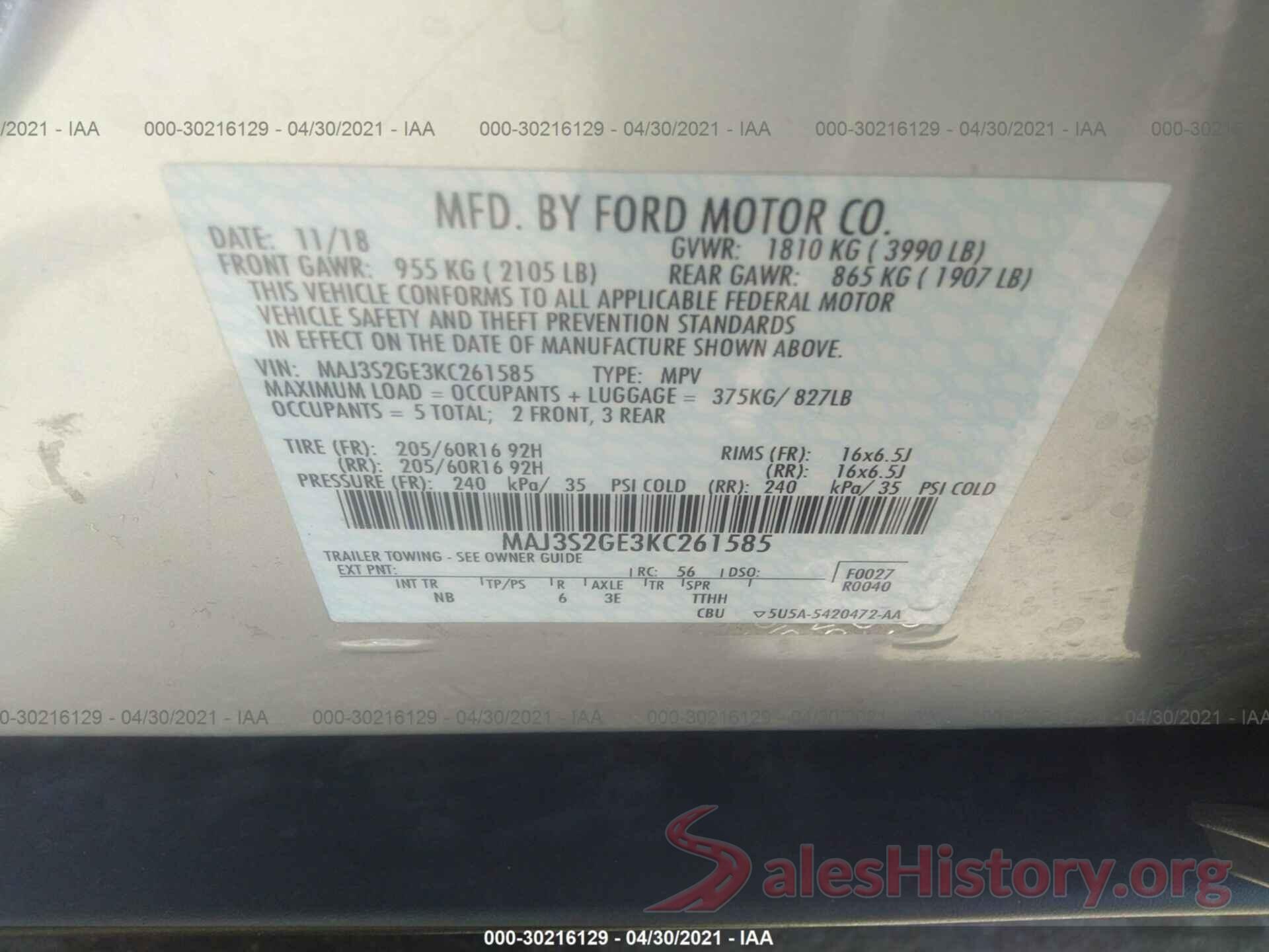 MAJ3S2GE3KC261585 2019 FORD ECOSPORT