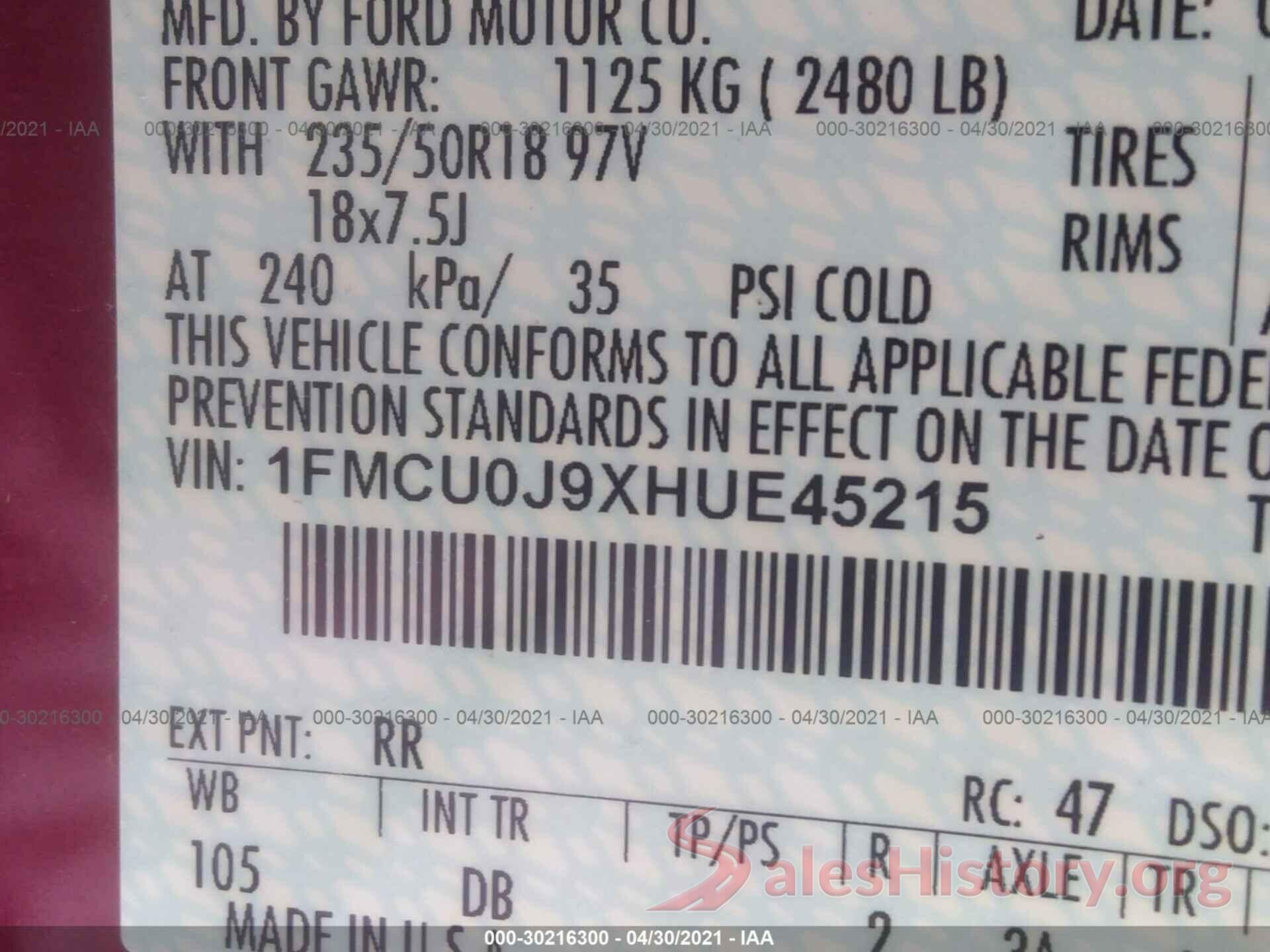 1FMCU0J9XHUE45215 2017 FORD ESCAPE