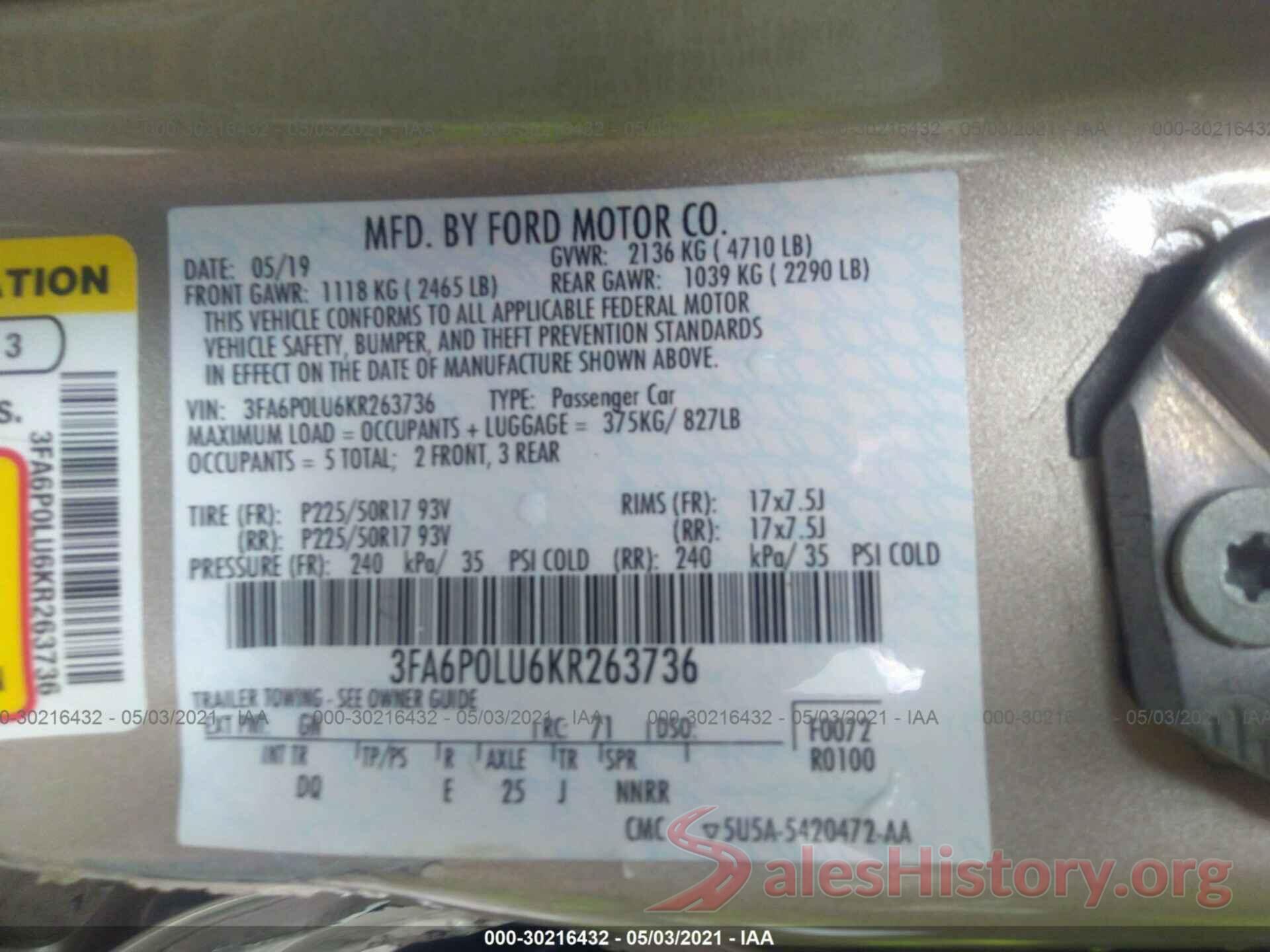 3FA6P0LU6KR263736 2019 FORD FUSION HYBRID