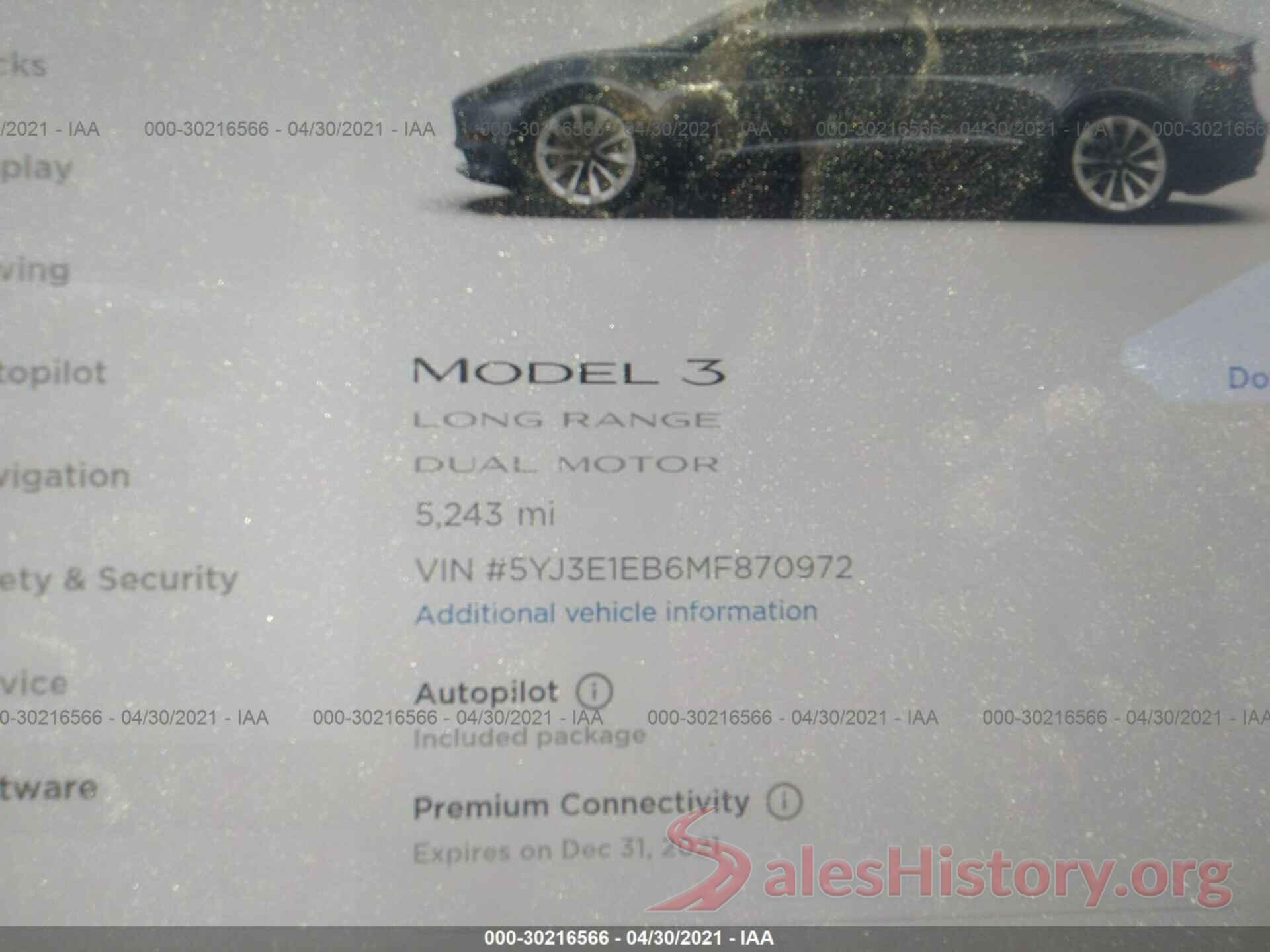 5YJ3E1EB6MF870972 2021 TESLA MODEL 3