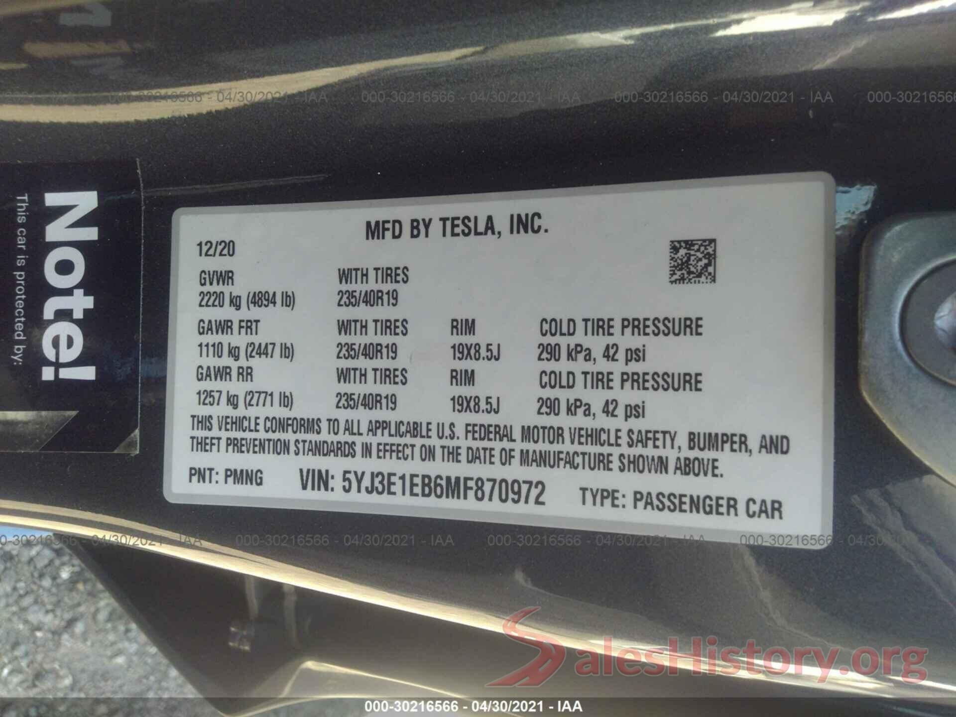 5YJ3E1EB6MF870972 2021 TESLA MODEL 3