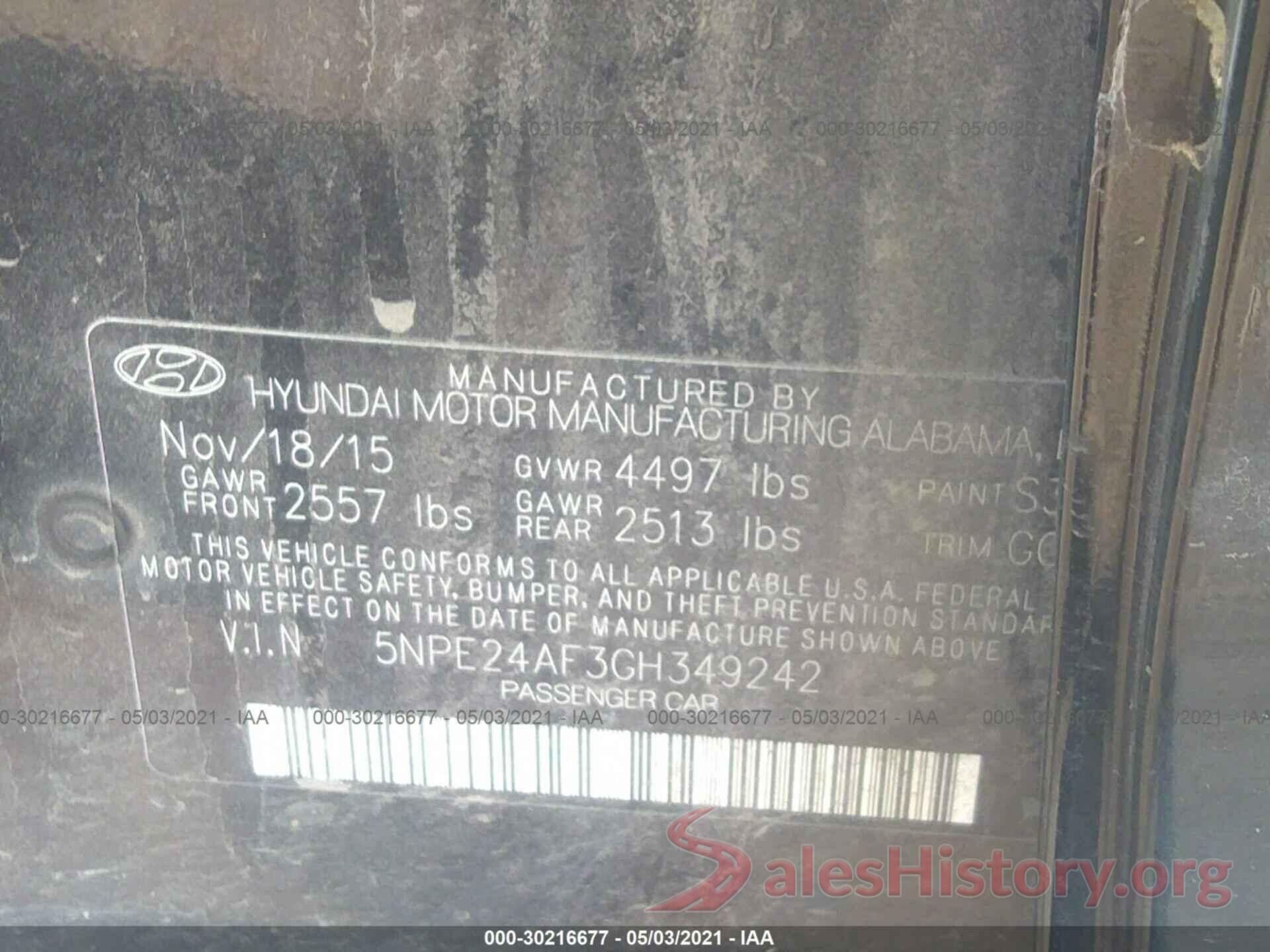 5NPE24AF3GH349242 2016 HYUNDAI SONATA