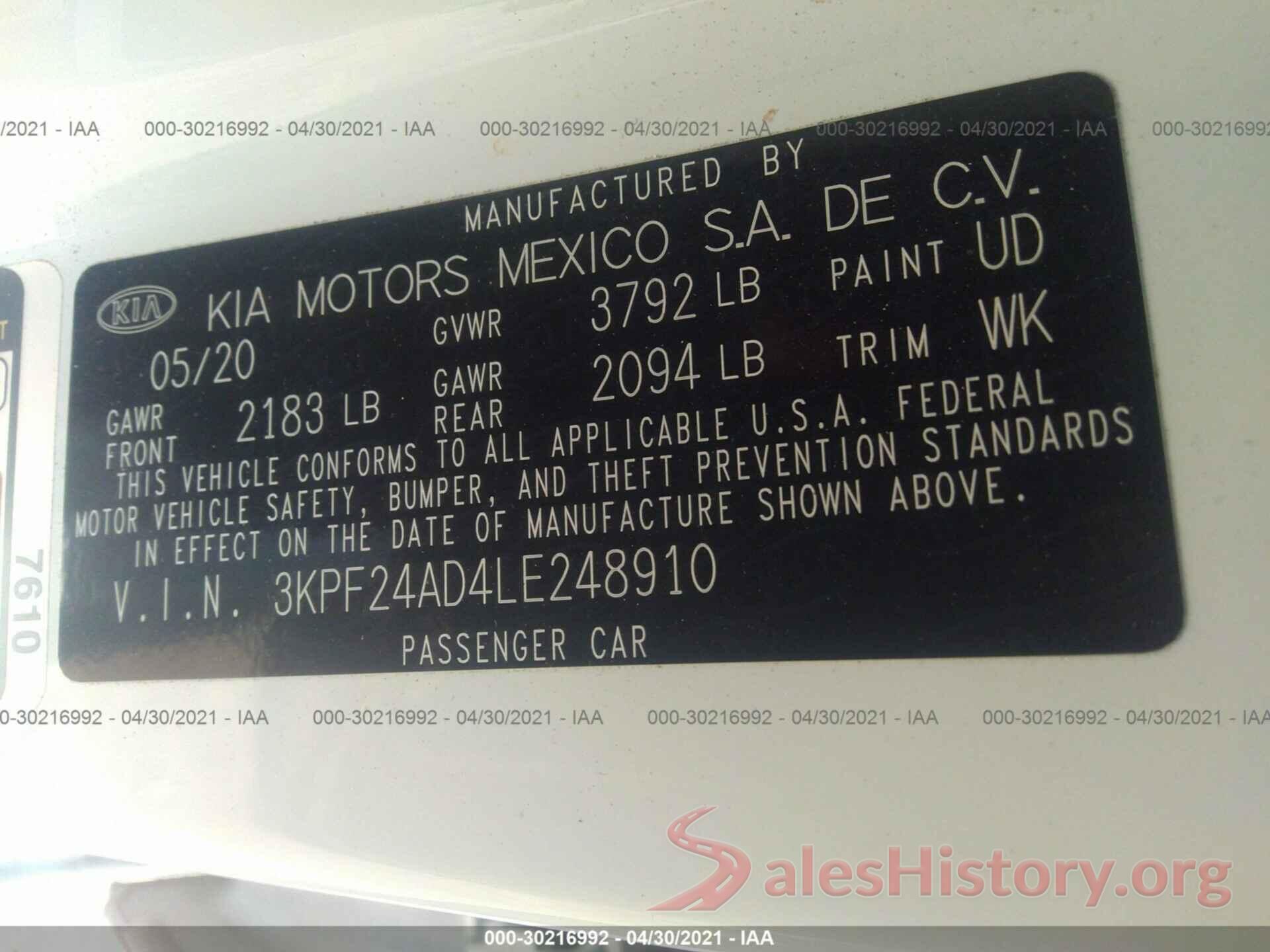 3KPF24AD4LE248910 2020 KIA FORTE