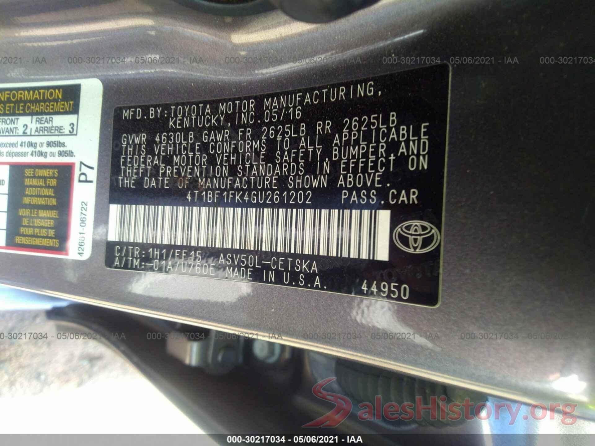 4T1BF1FK4GU261202 2016 TOYOTA CAMRY