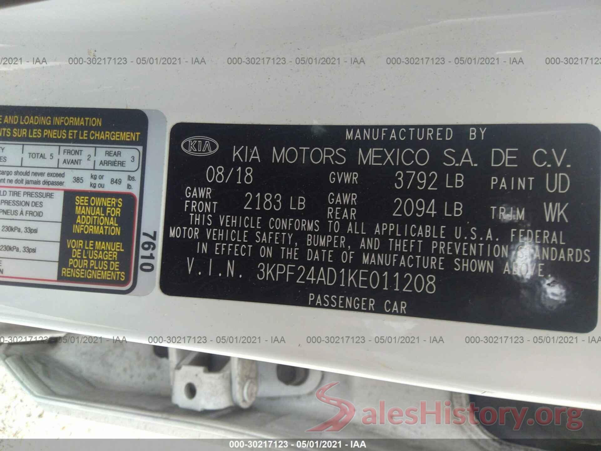 3KPF24AD1KE011208 2019 KIA FORTE