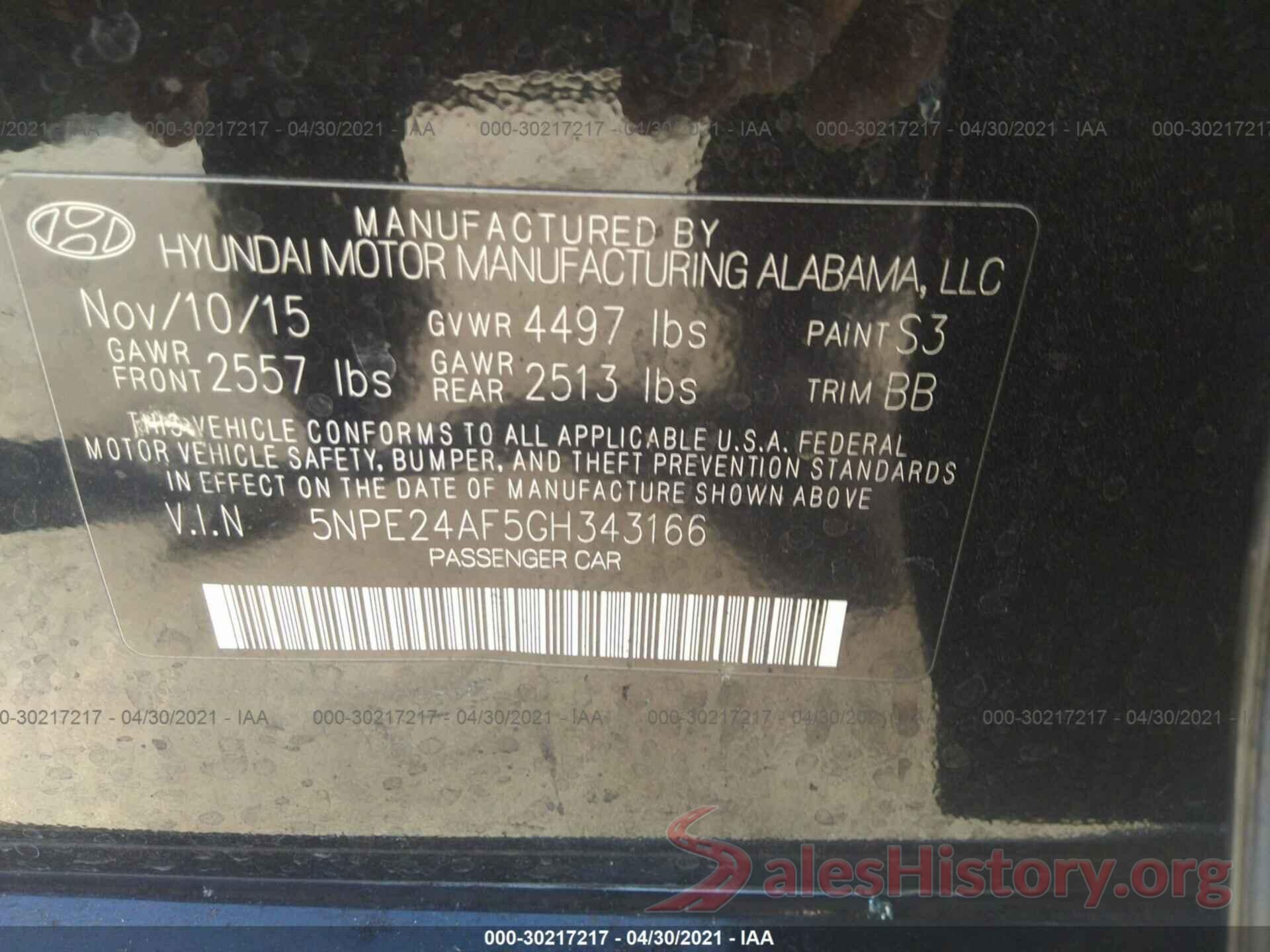 5NPE24AF5GH343166 2016 HYUNDAI SONATA