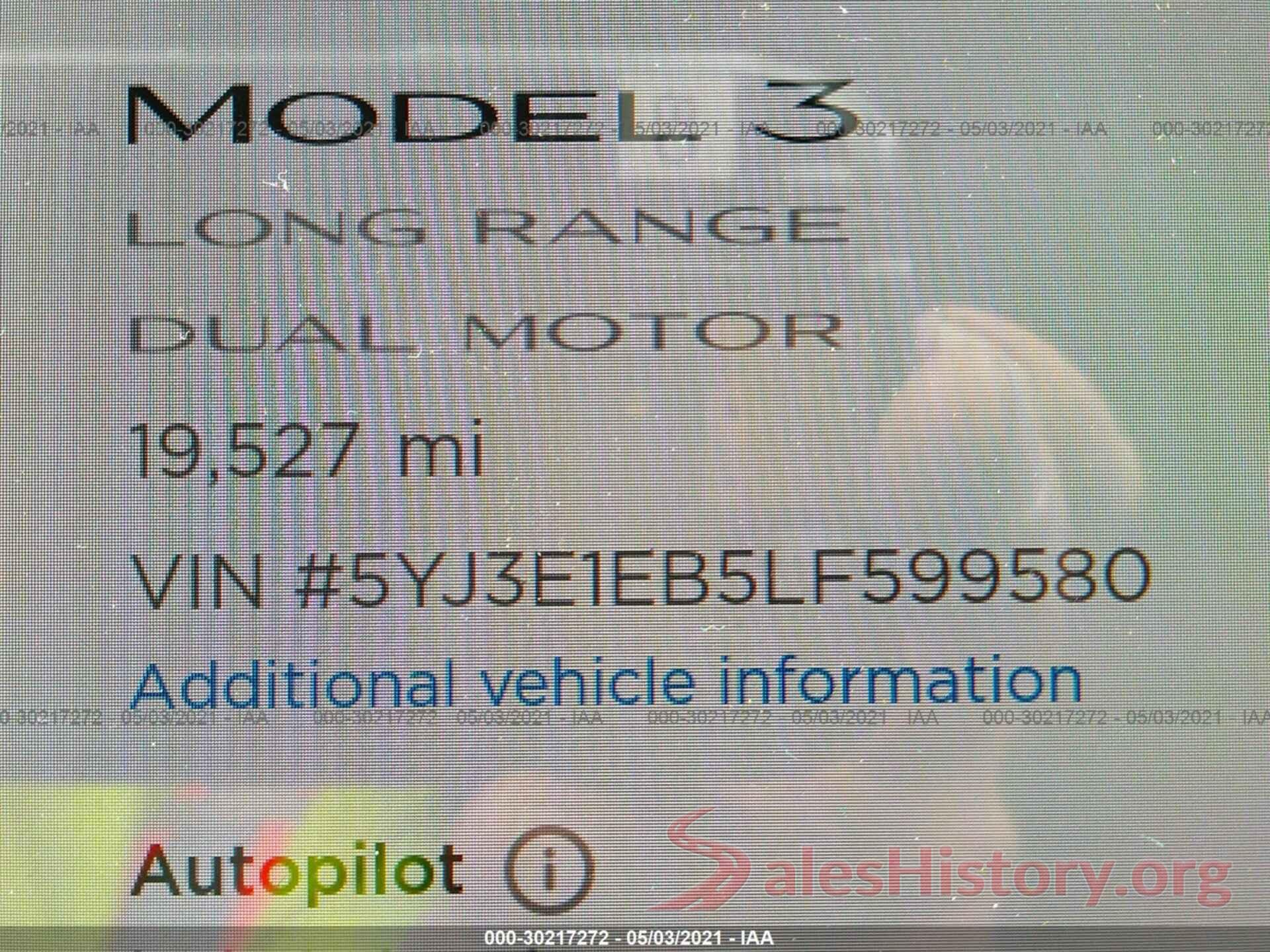 5YJ3E1EB5LF599580 2020 TESLA MODEL 3