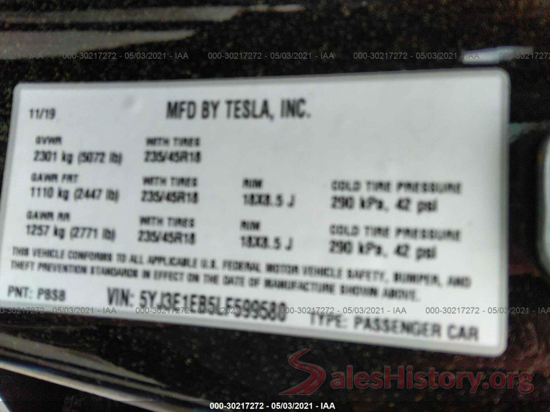 5YJ3E1EB5LF599580 2020 TESLA MODEL 3