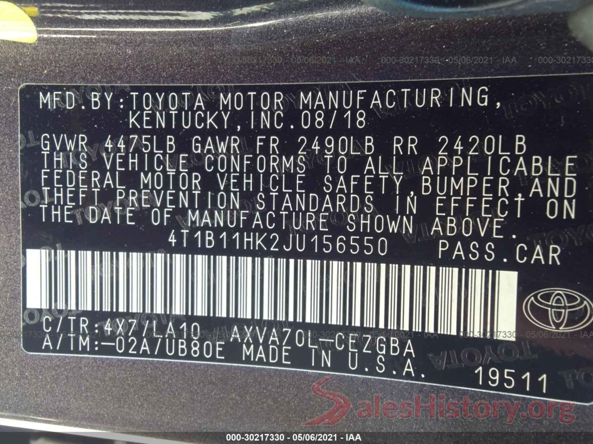 4T1B11HK2JU156550 2018 TOYOTA CAMRY