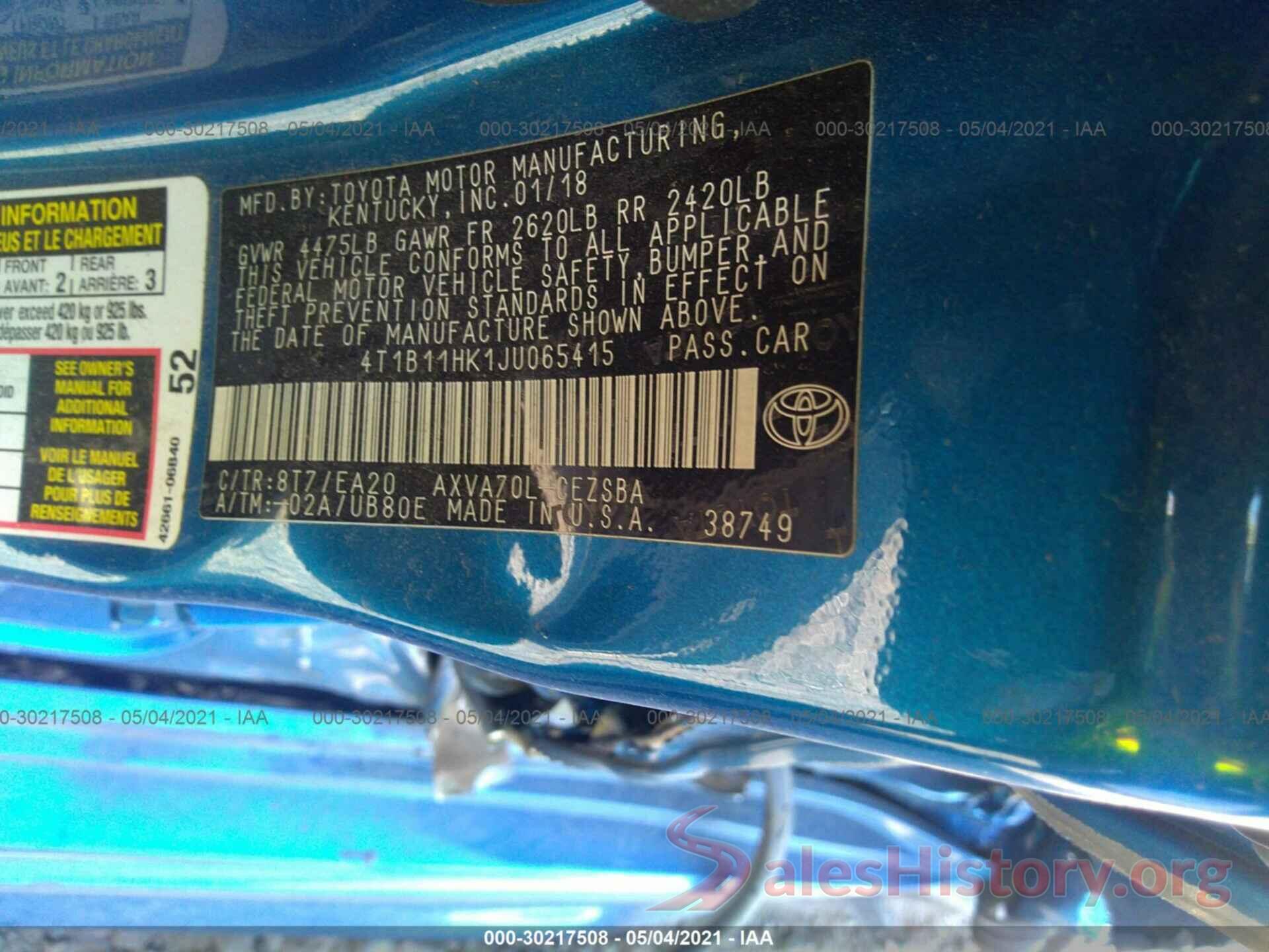 4T1B11HK1JU065415 2018 TOYOTA CAMRY