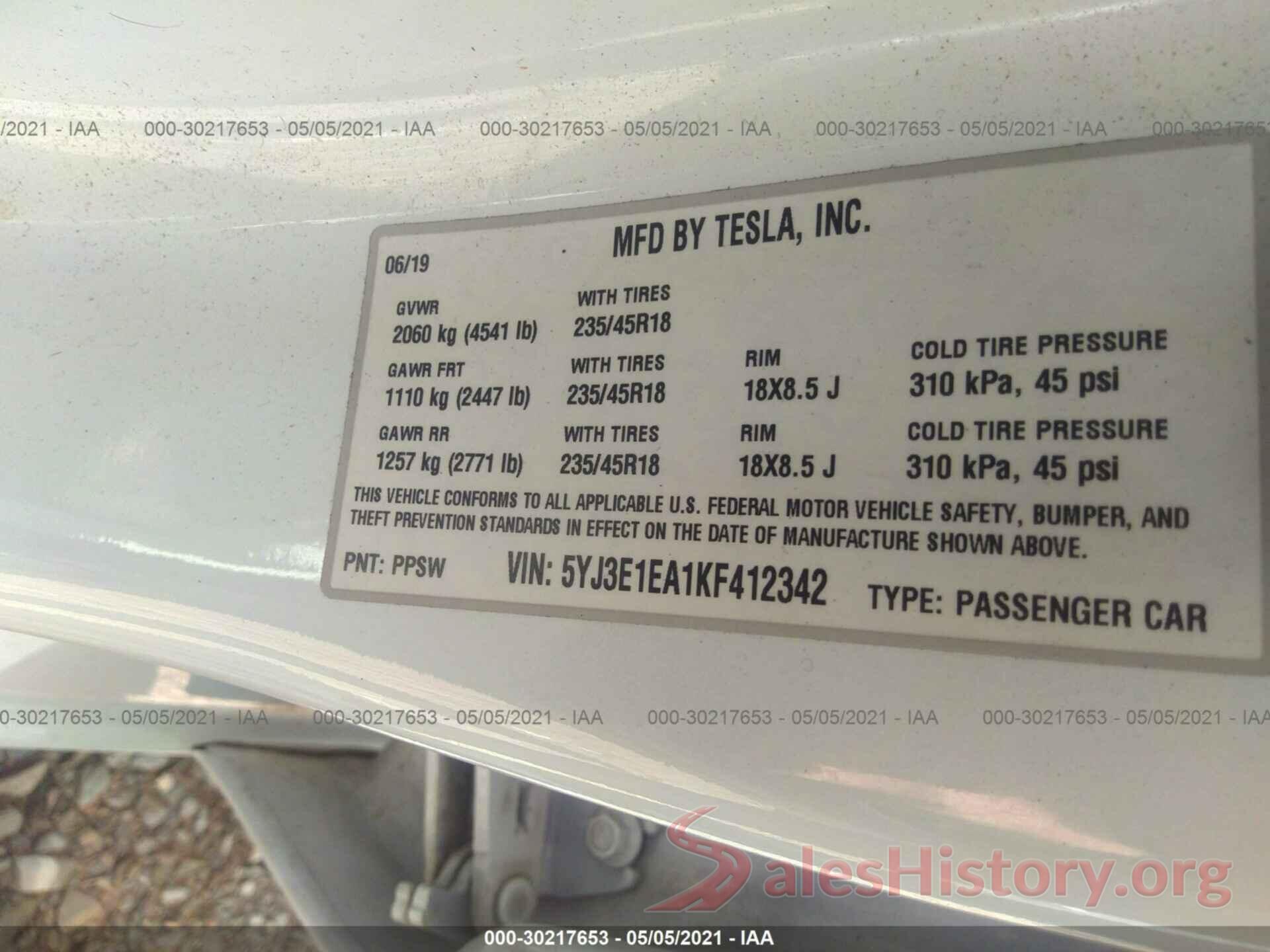 5YJ3E1EA1KF412342 2019 TESLA MODEL 3