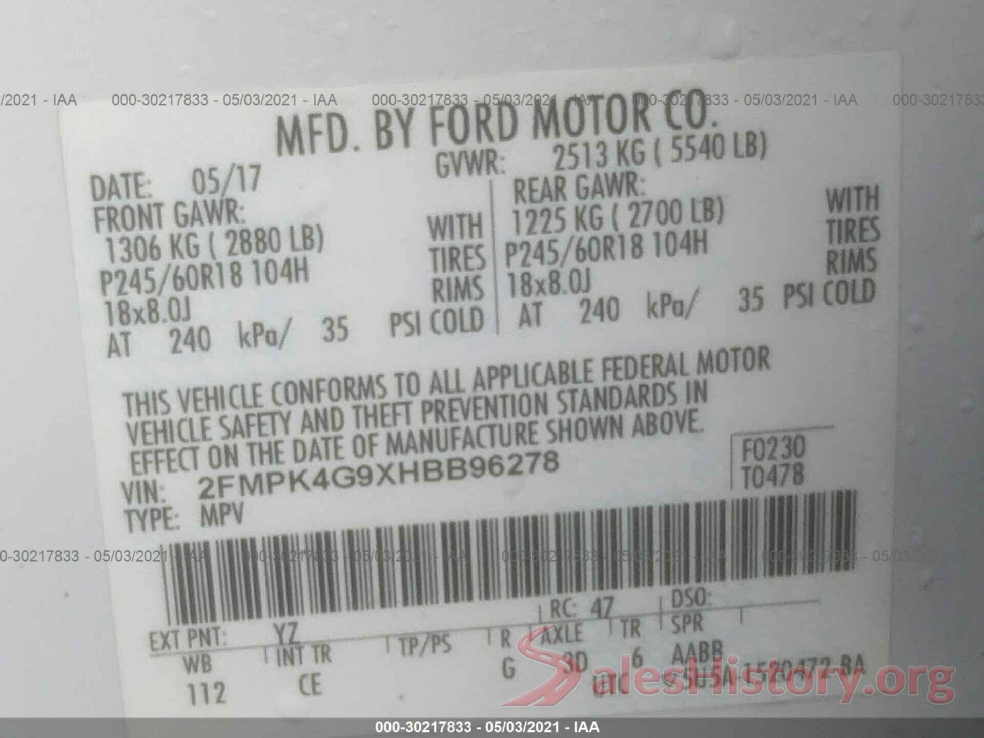 2FMPK4G9XHBB96278 2017 FORD EDGE