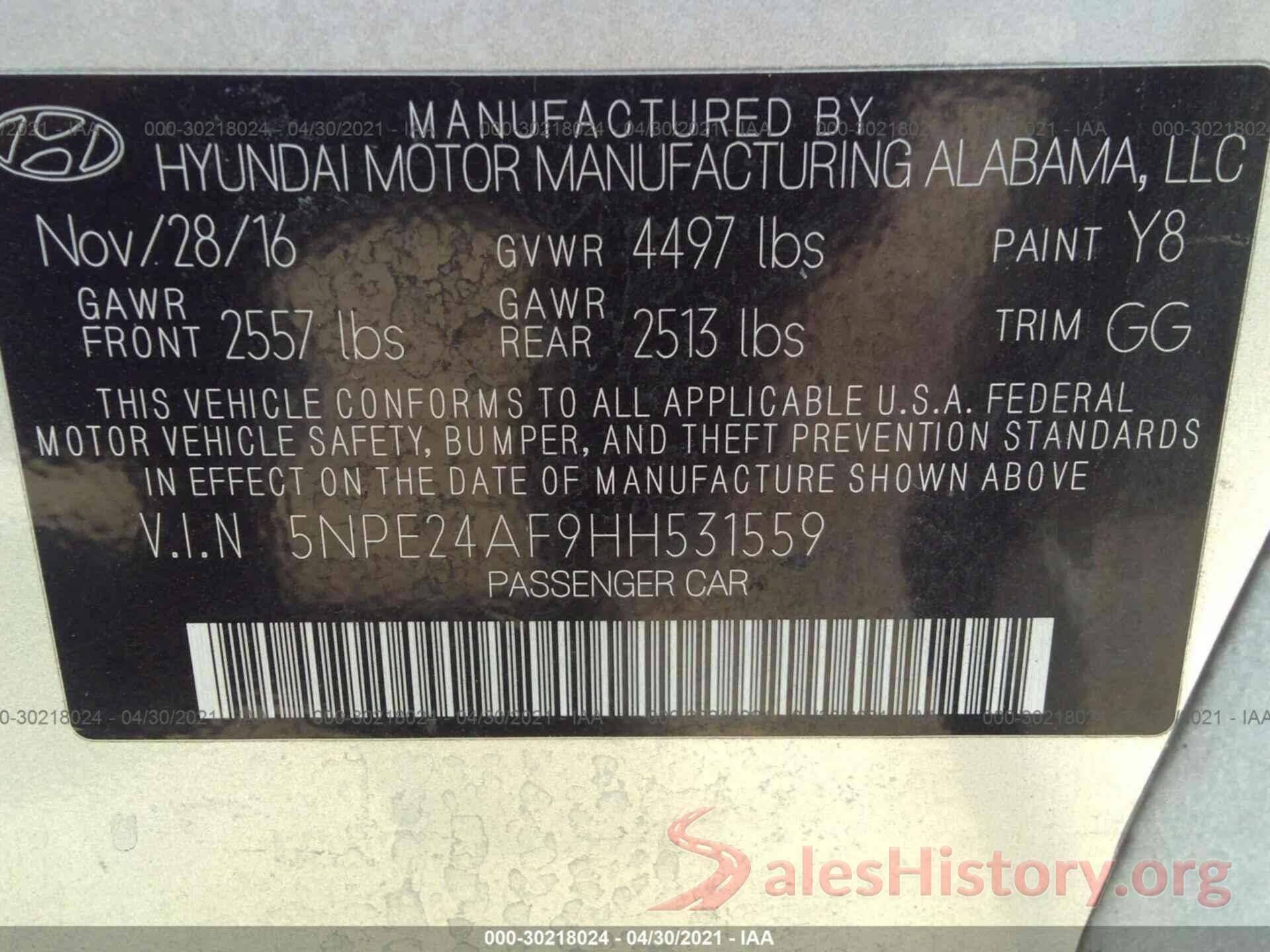 5NPE24AF9HH531559 2017 HYUNDAI SONATA