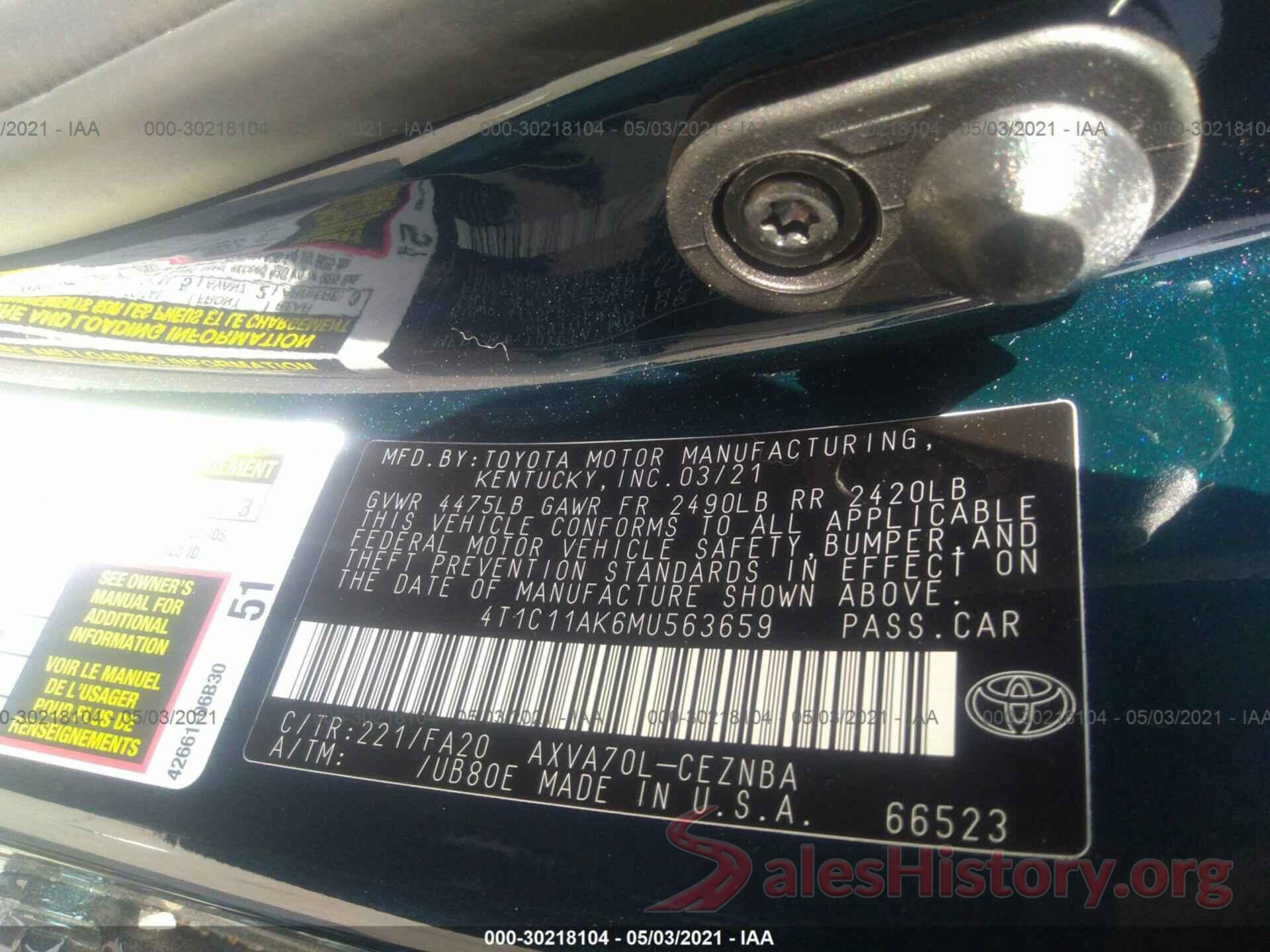 4T1C11AK6MU563659 2021 TOYOTA CAMRY