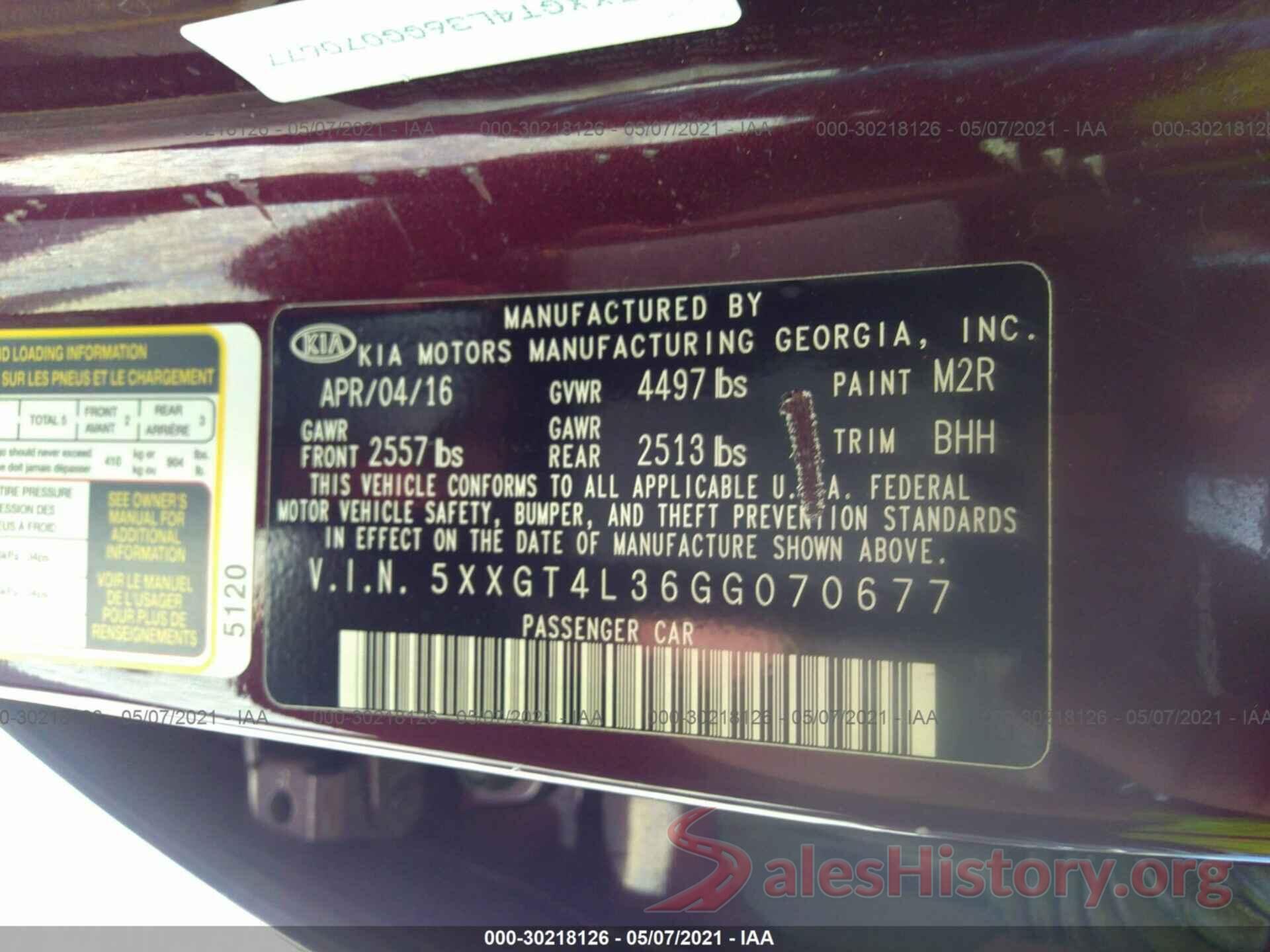 5XXGT4L36GG070677 2016 KIA OPTIMA