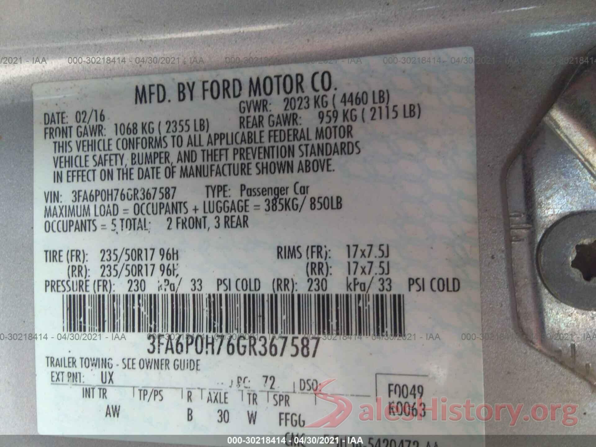 3FA6P0H76GR367587 2016 FORD FUSION