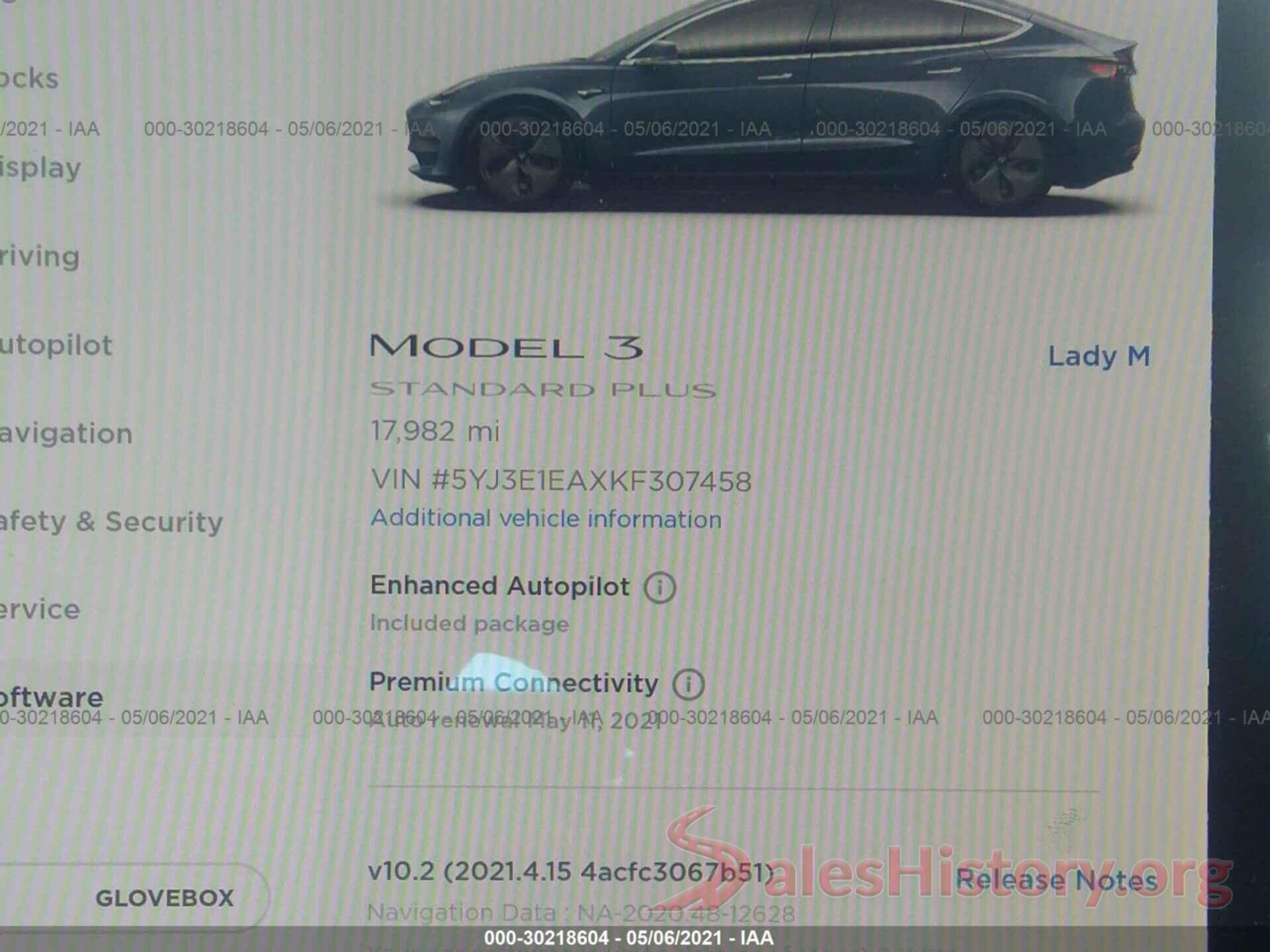 5YJ3E1EAXKF307458 2019 TESLA MODEL 3