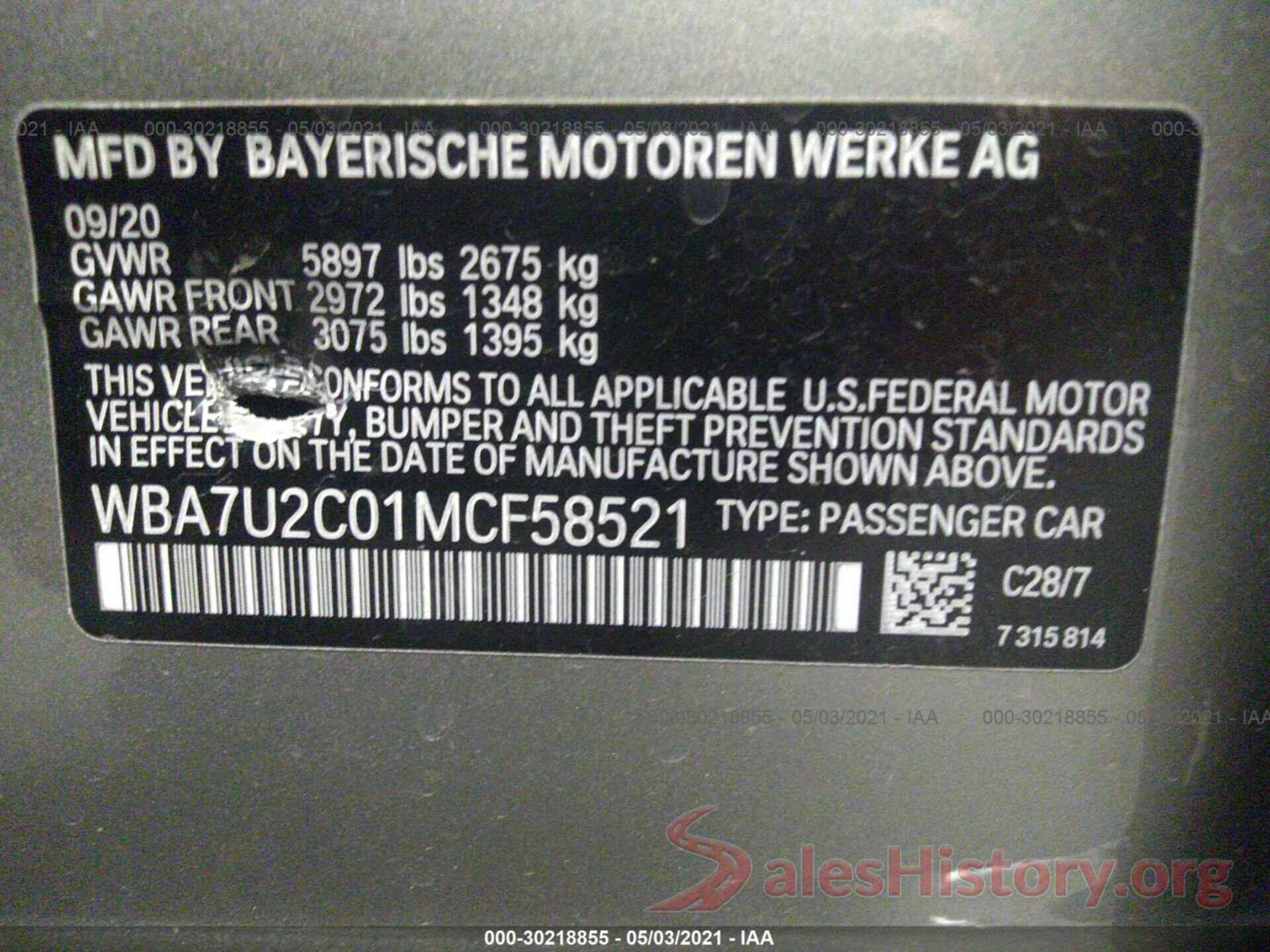 WBA7U2C01MCF58521 2021 BMW 7 SERIES