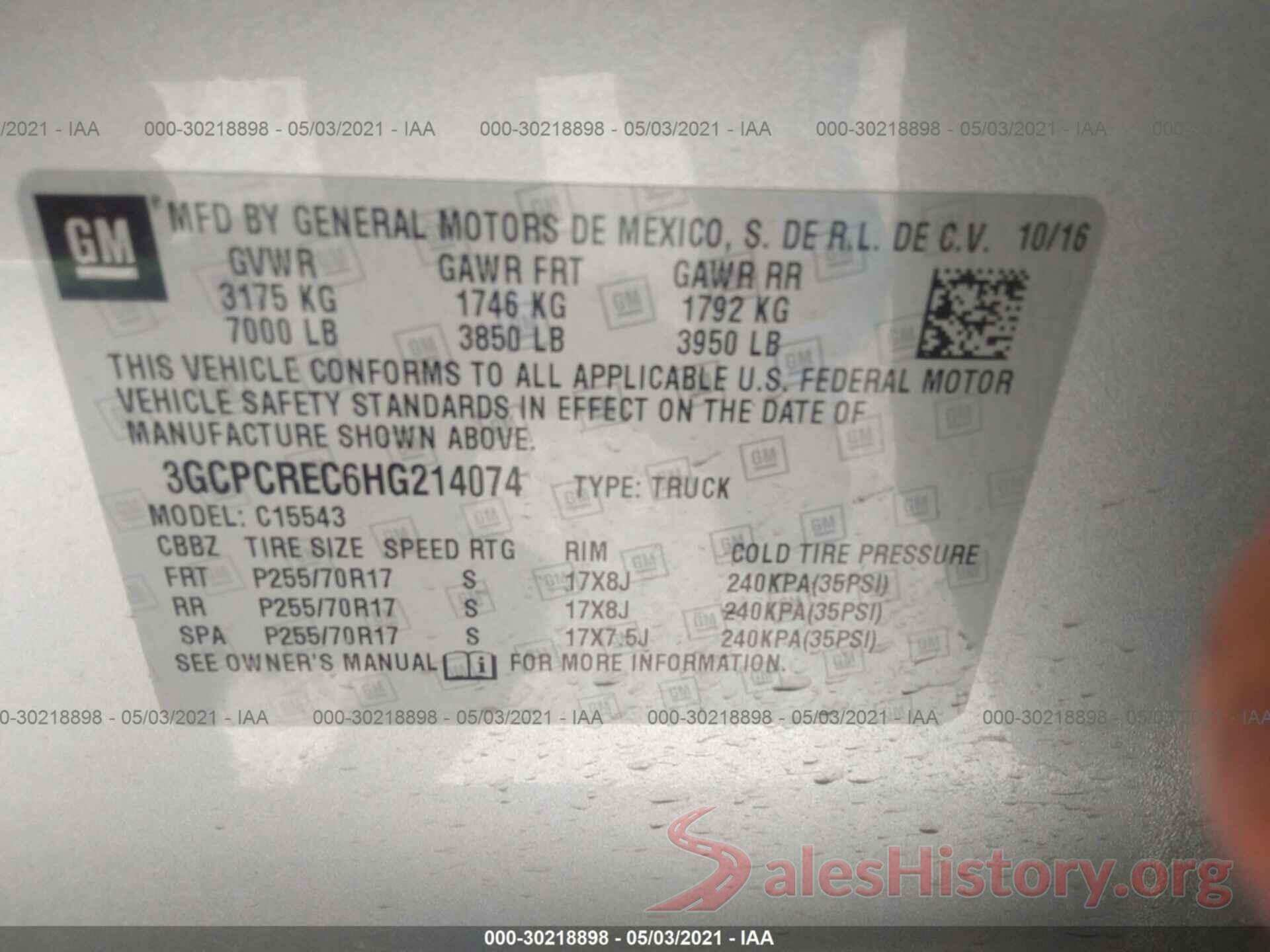 3GCPCREC6HG214074 2017 CHEVROLET SILVERADO 1500