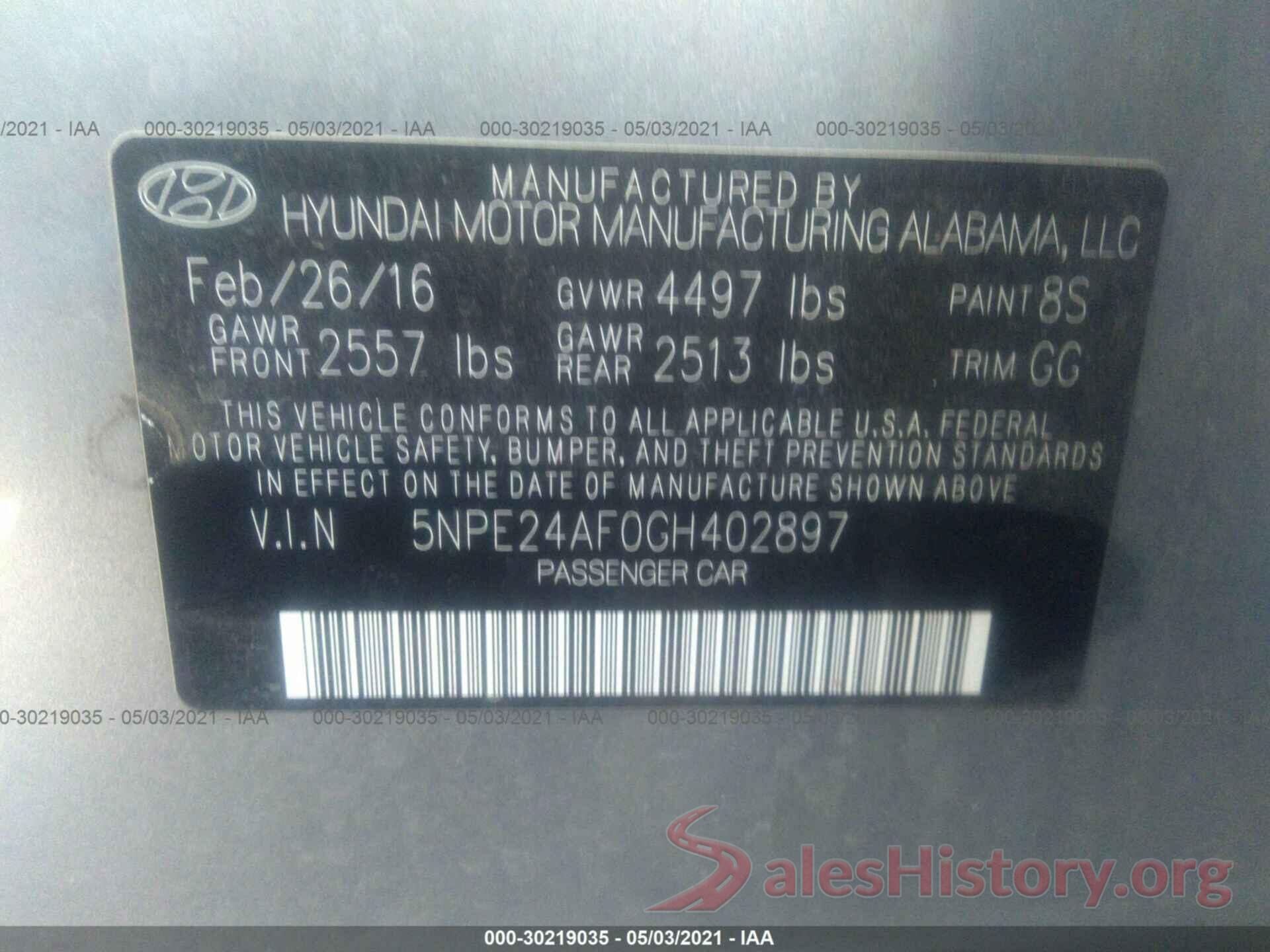 5NPE24AF0GH402897 2016 HYUNDAI SONATA