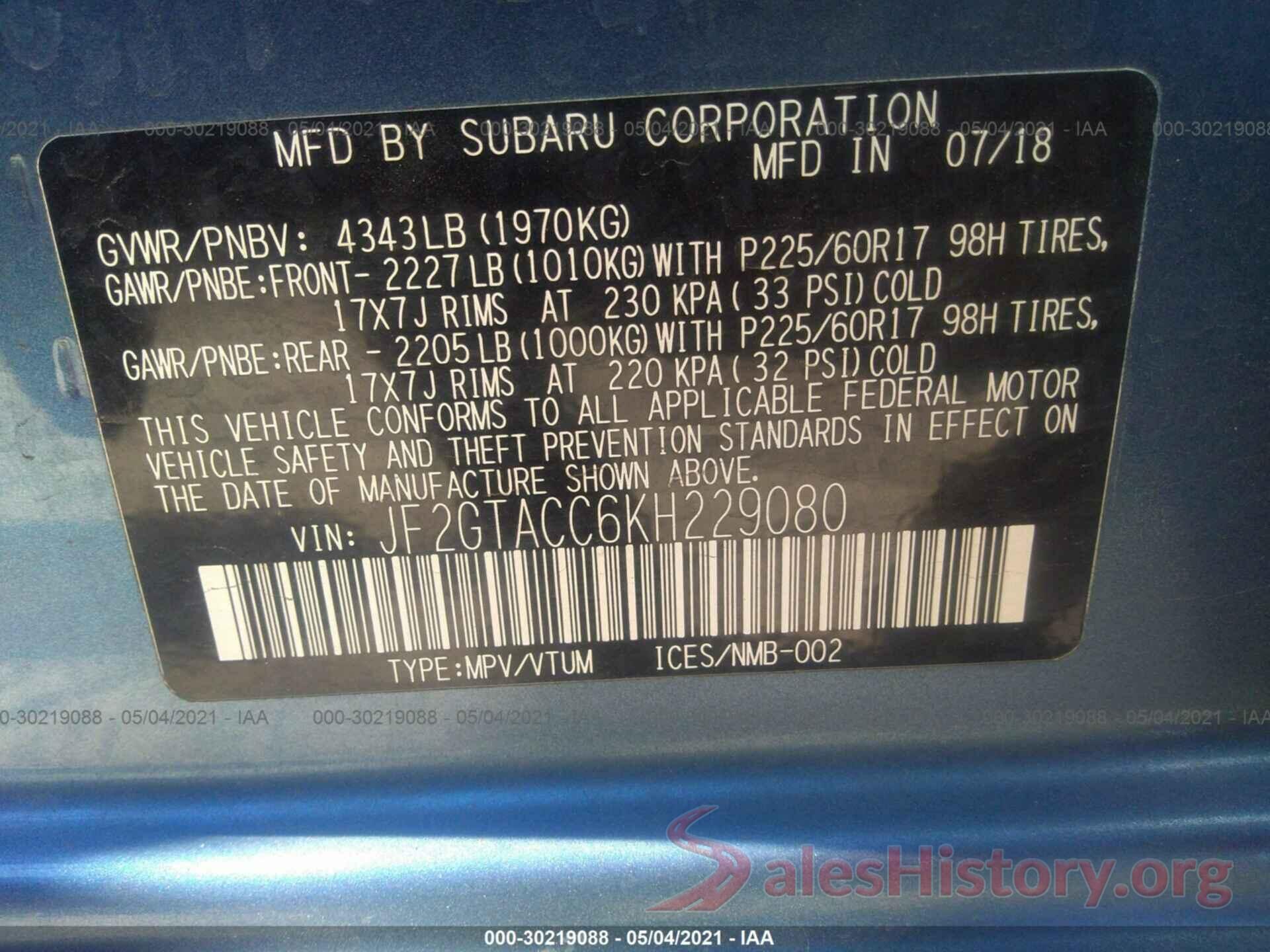 JF2GTACC6KH229080 2019 SUBARU CROSSTREK