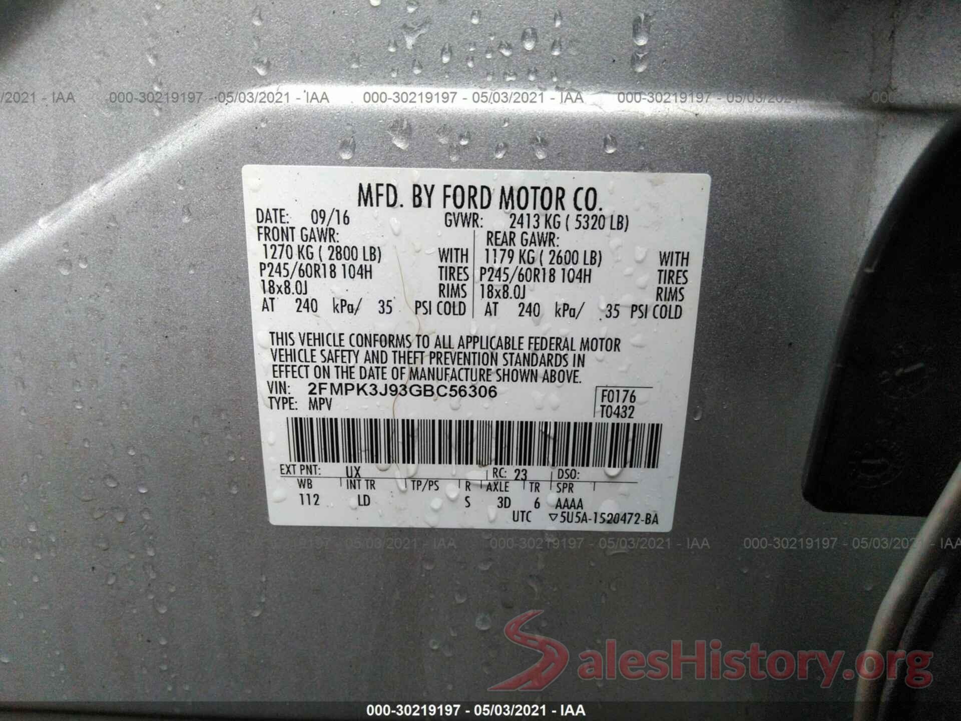 2FMPK3J93GBC56306 2016 FORD EDGE