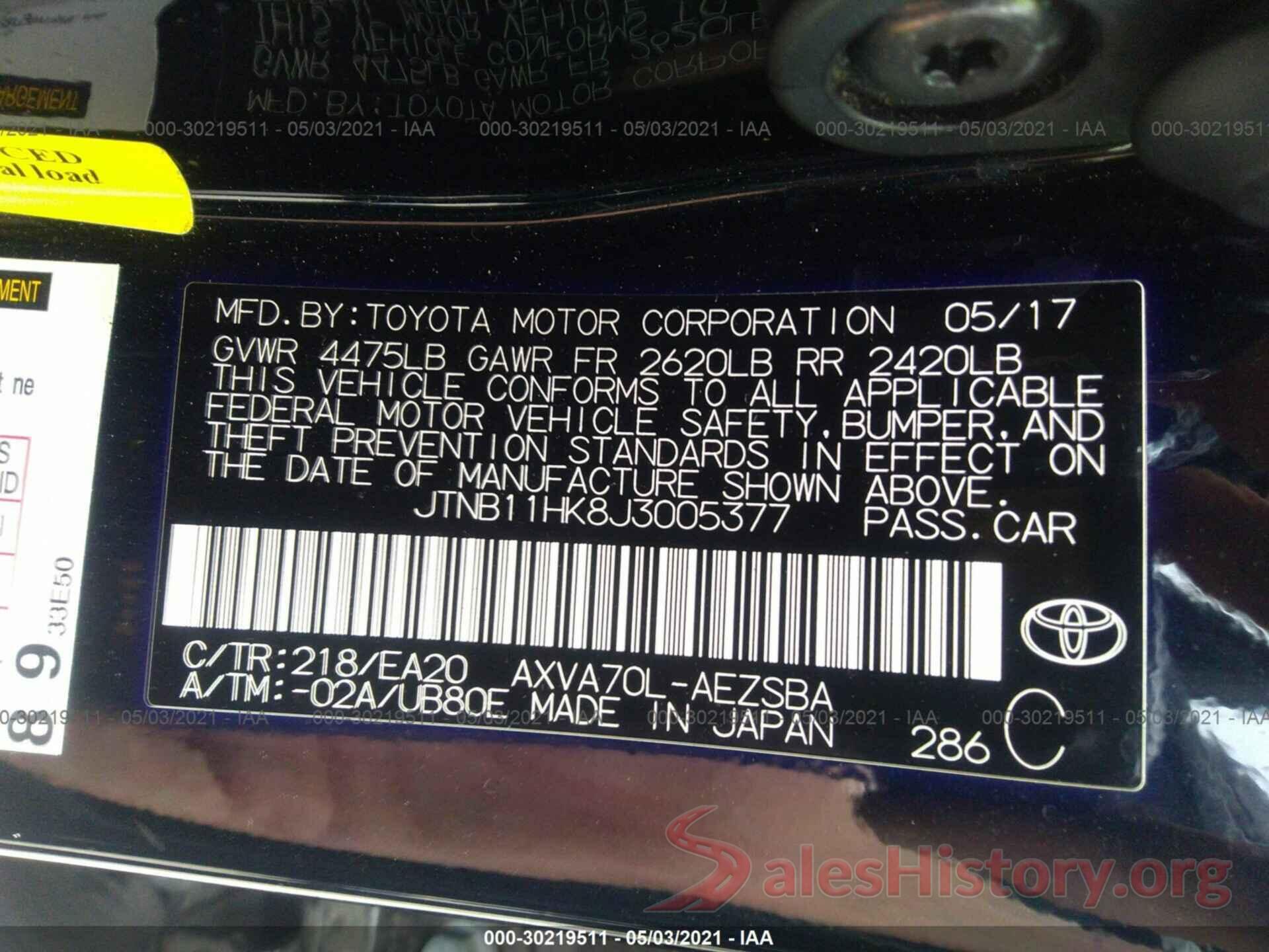 JTNB11HK8J3005377 2018 TOYOTA CAMRY