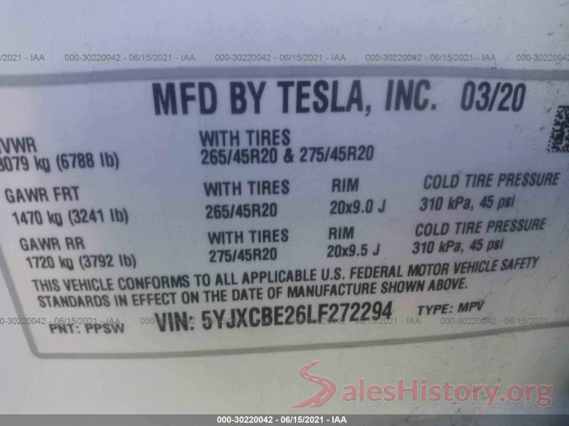 5YJXCBE26LF272294 2020 TESLA MODEL X