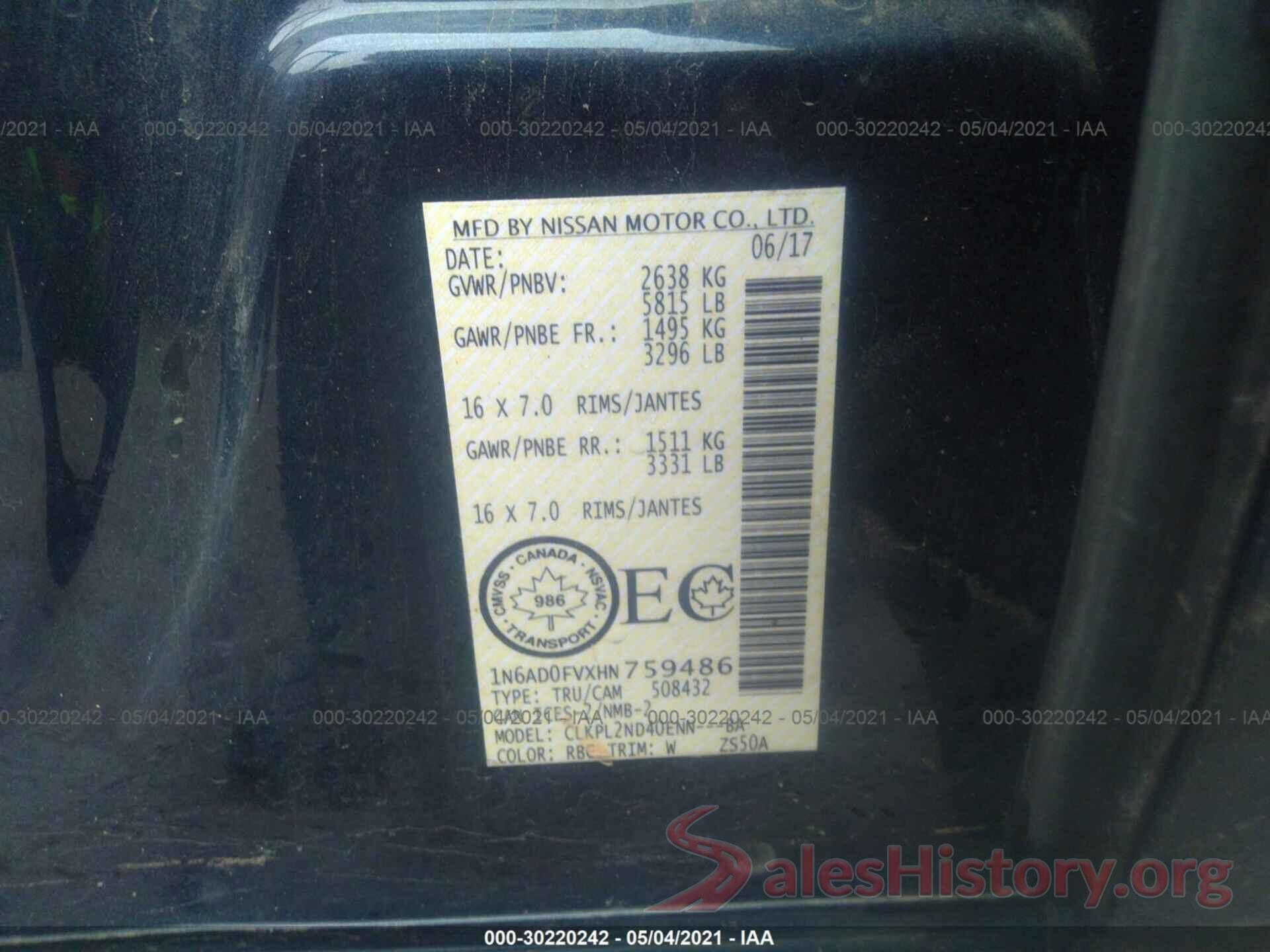 1N6AD0FVXHN759486 2017 NISSAN FRONTIER